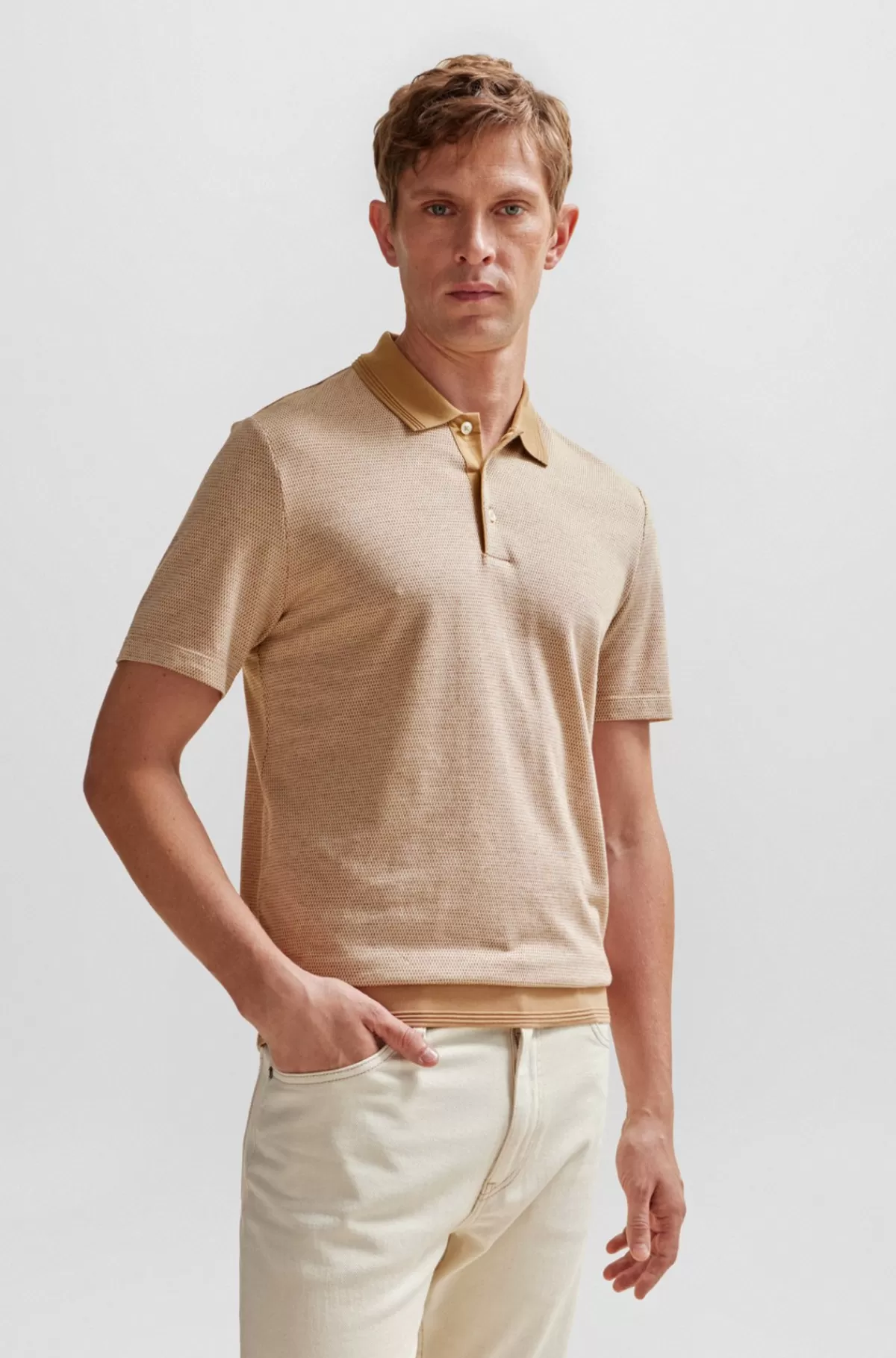 HUGO BOSS Poloshirt Med Boblestruktur I Bomuld Og Kashmir Lysebrun Store