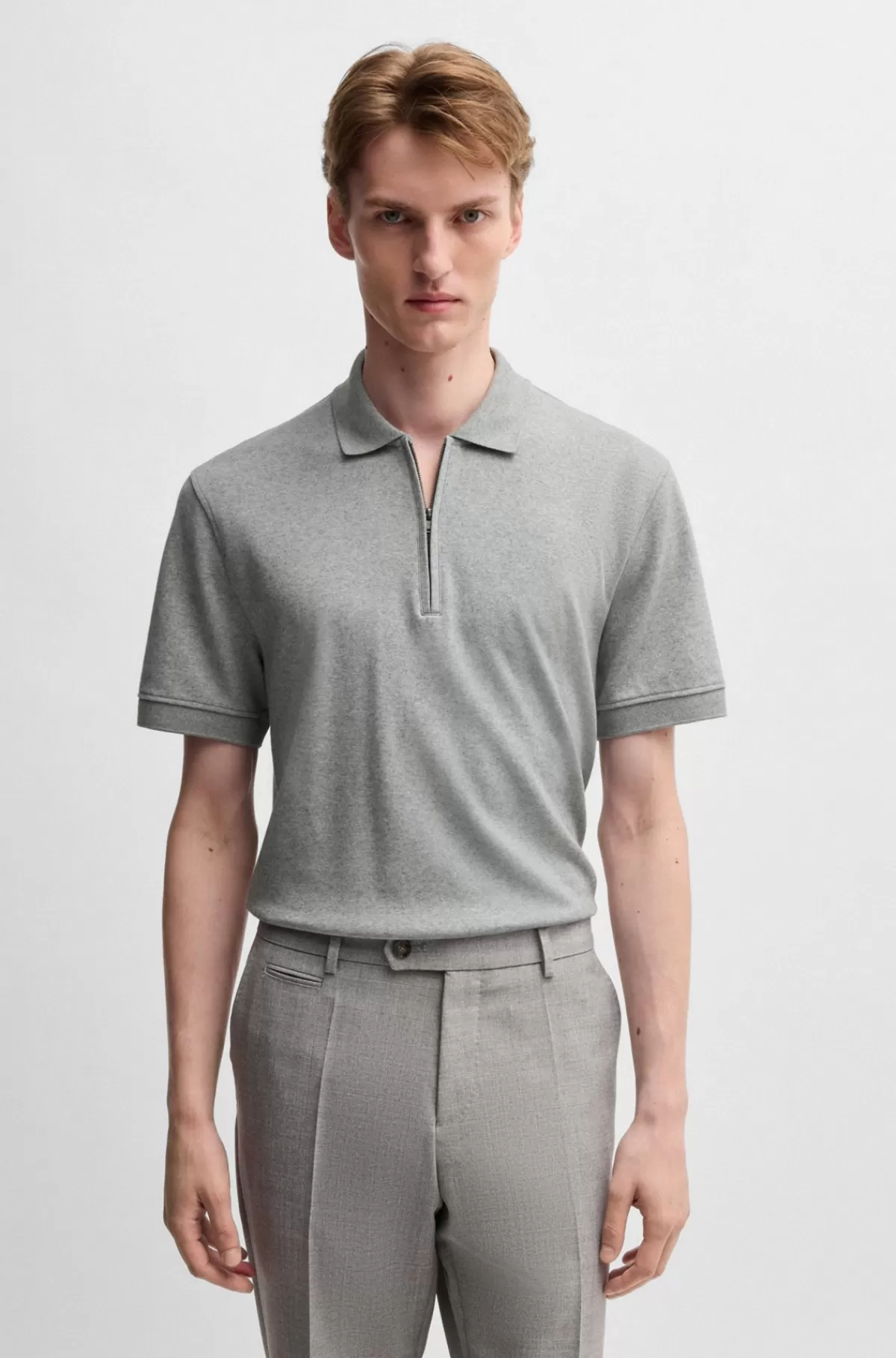 HUGO BOSS Poloshirt Med En Lynlås I Halsen I Bomuld Og Kashmir Lysegrå Discount