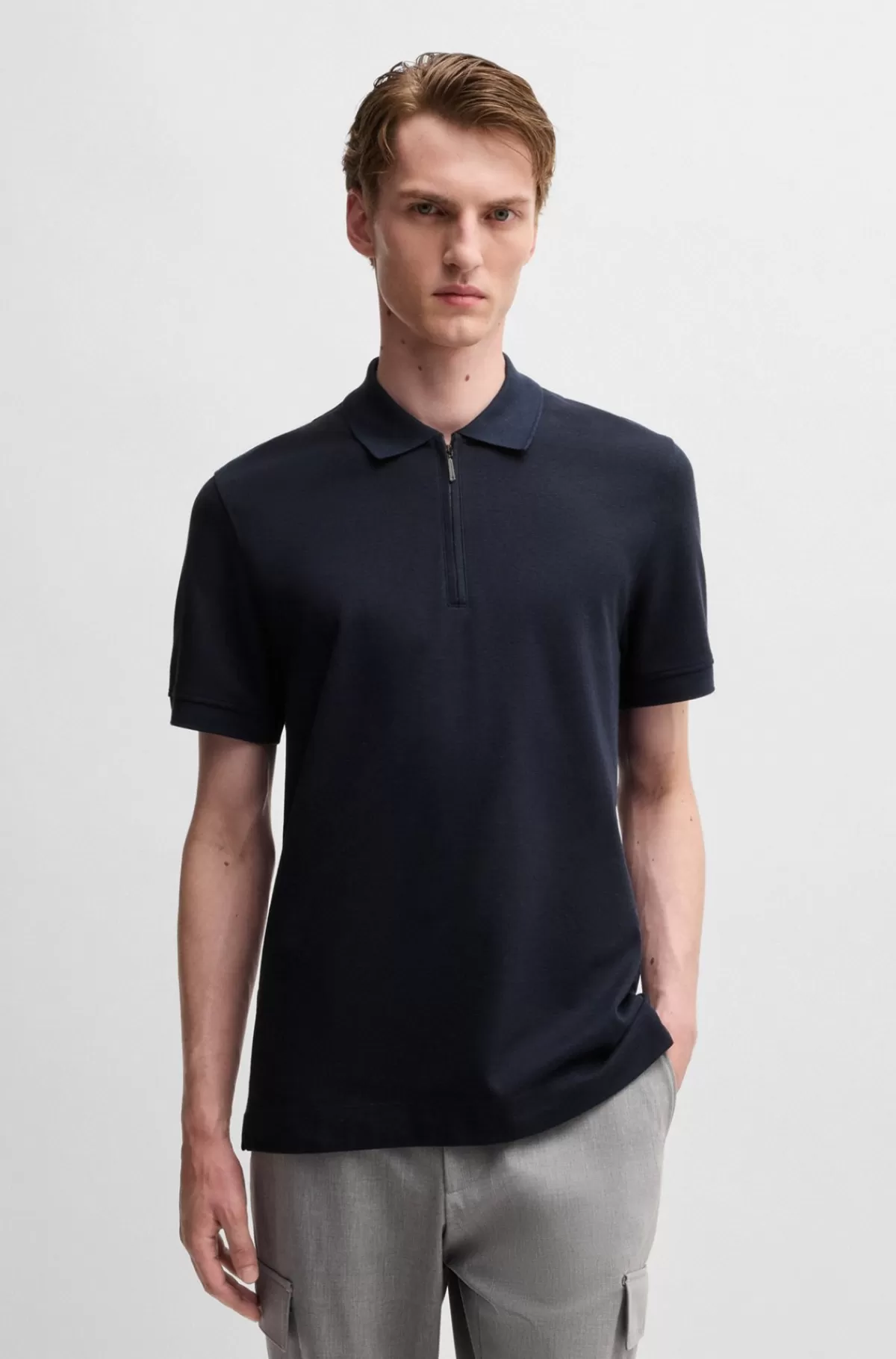 HUGO BOSS Poloshirt Med En Lynlås I Halsen I Bomuld Og Kashmir Mørkeblå Best Sale