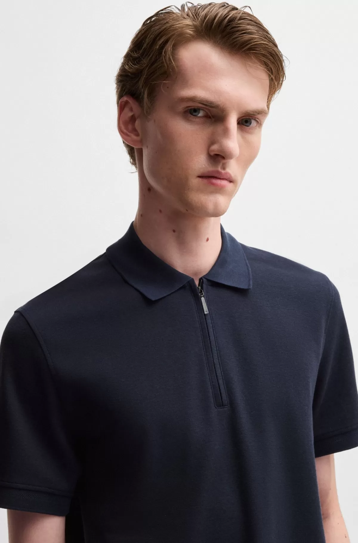 HUGO BOSS Poloshirt Med En Lynlås I Halsen I Bomuld Og Kashmir Mørkeblå Best Sale