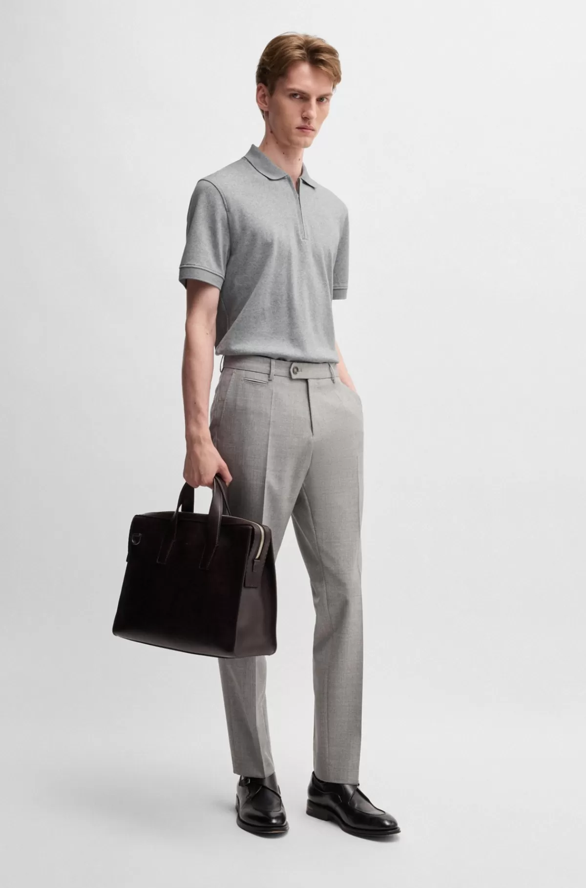 HUGO BOSS Poloshirt Med En Lynlås I Halsen I Bomuld Og Kashmir Lysegrå Discount