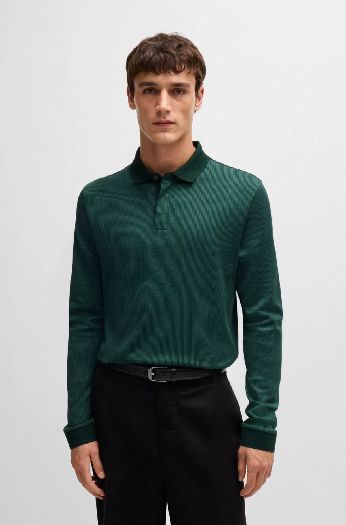 HUGO BOSS Poloshirt Med Lange ærmer I Bomuld Og Skjult Stolpelukning Mørkegrøn Online