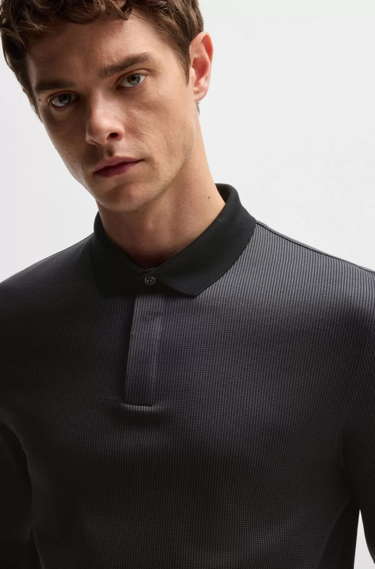 HUGO BOSS Poloshirt Med Lange ærmer I Bomuld Og Skjult Stolpelukning Sort Cheap