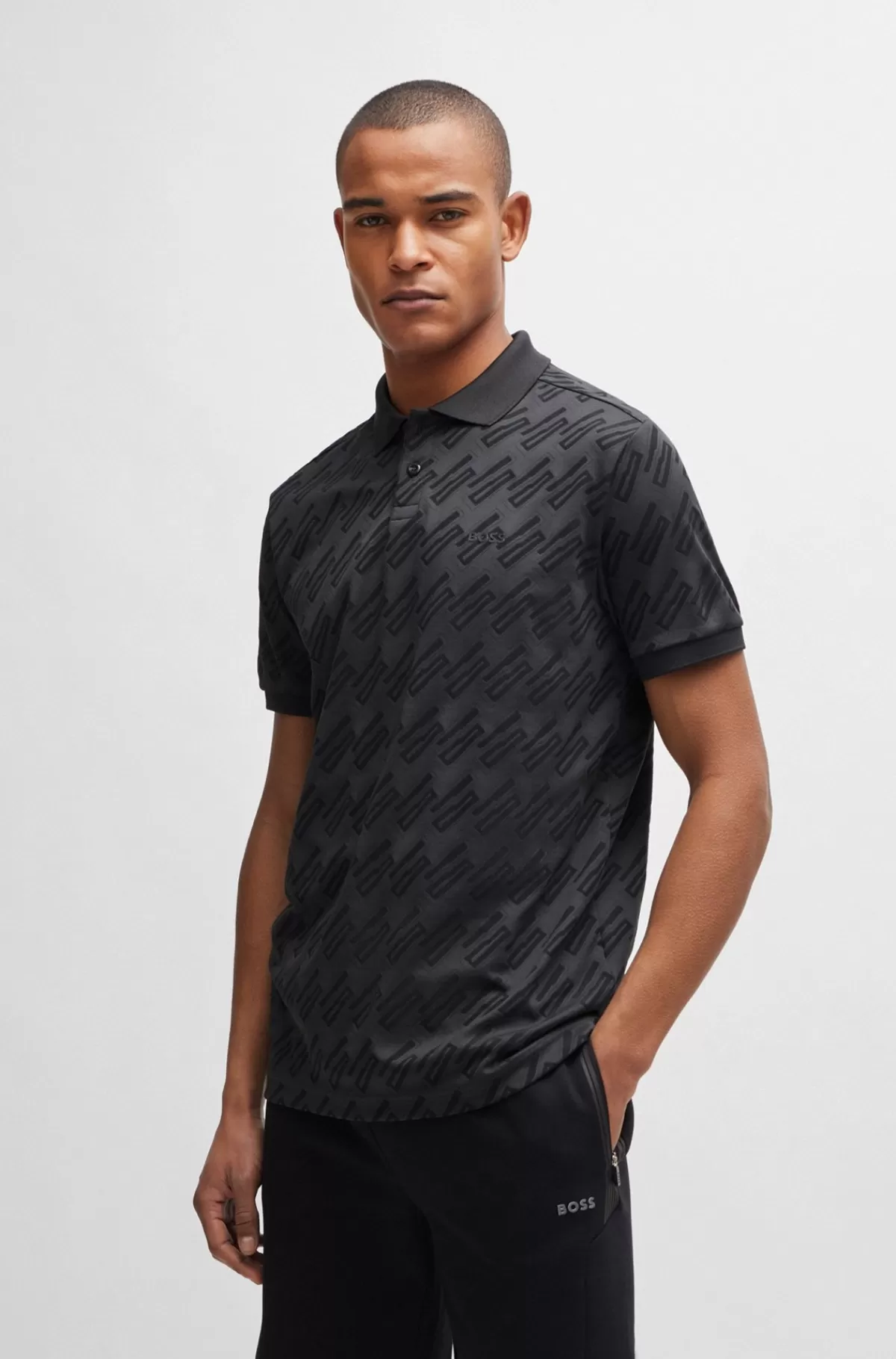 HUGO BOSS Poloshirt Med Relaxed Fit Og Monogrammønstret Jacquard Mørkegrå Hot