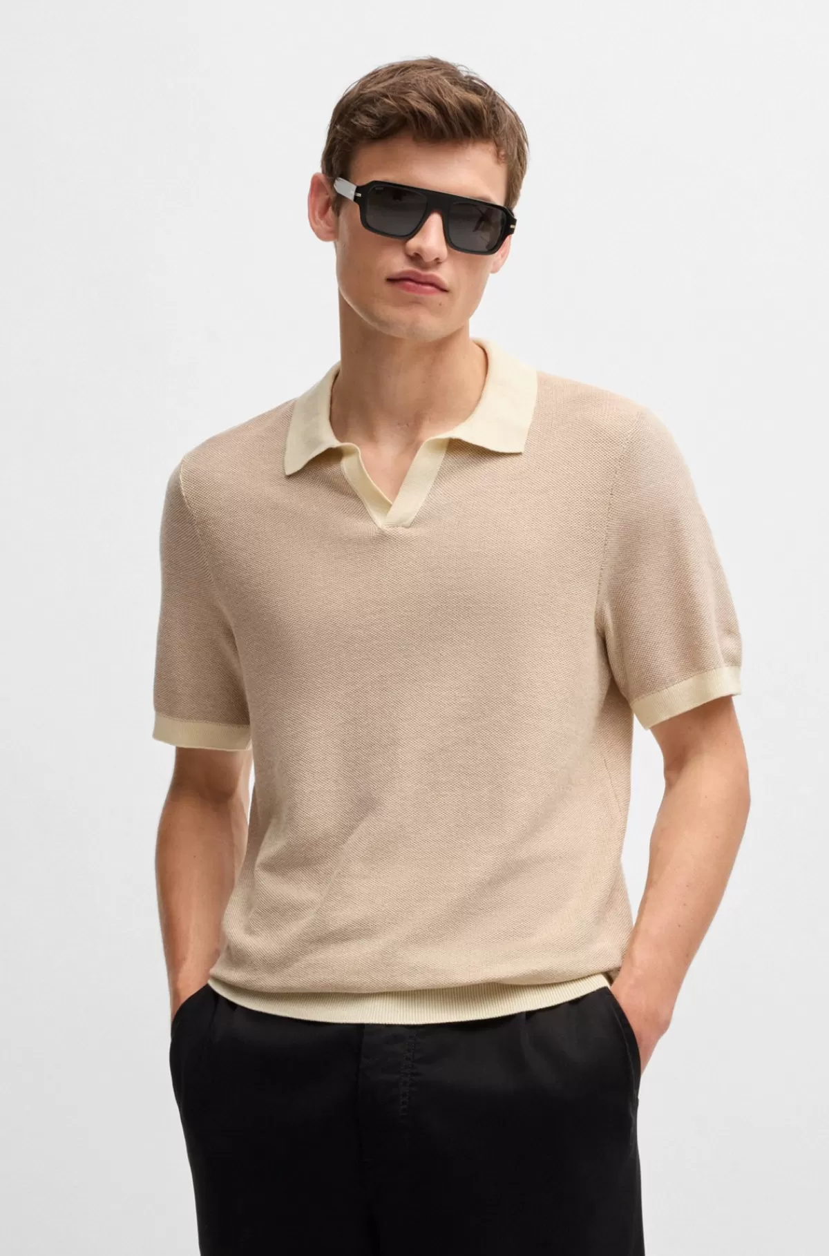 HUGO BOSS Polosweater I Bomuldsblanding Med åben Krave Lys beige Cheap
