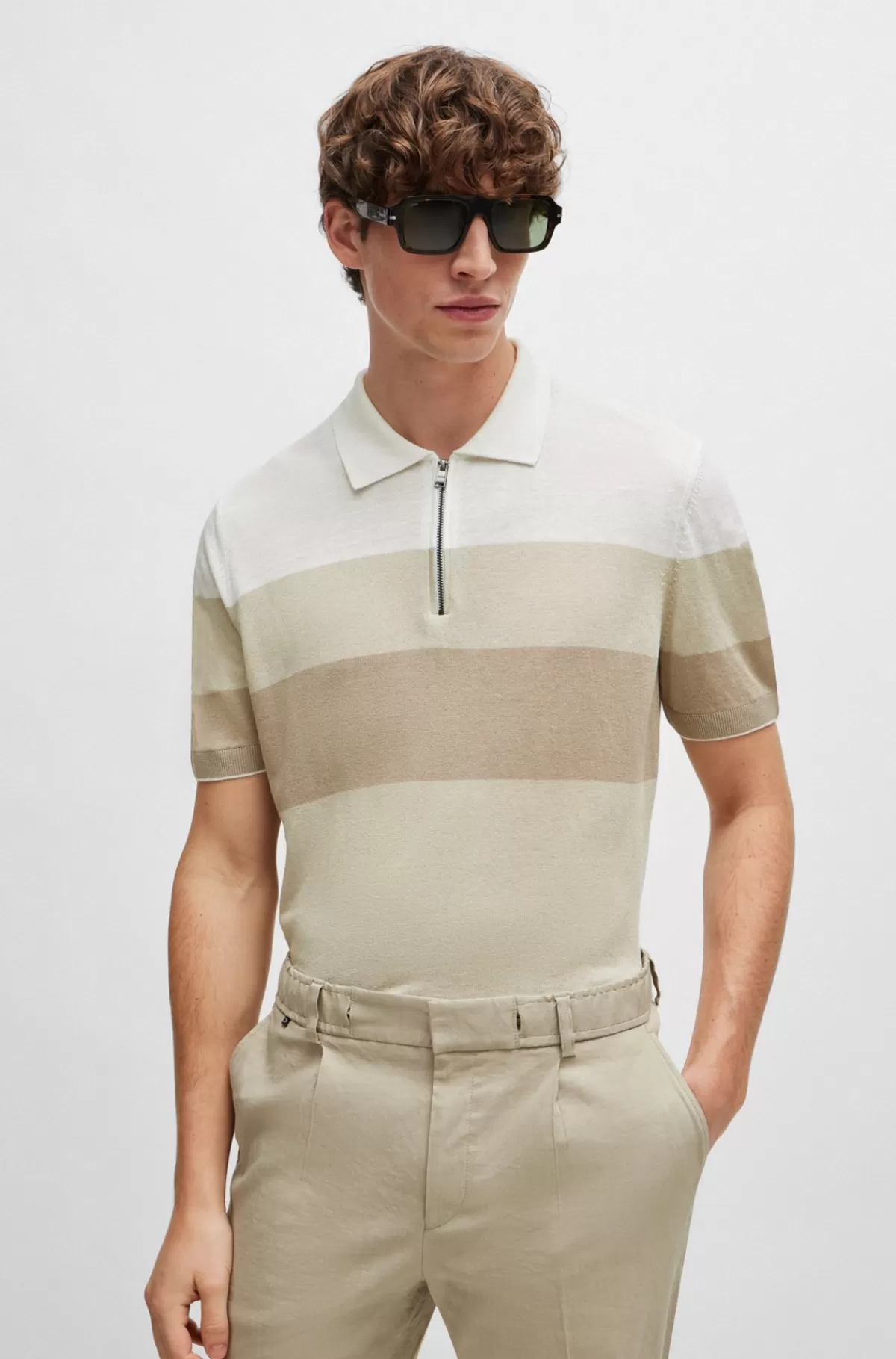 HUGO BOSS Polosweater I Hørblanding Med Lynlås Lys beige New