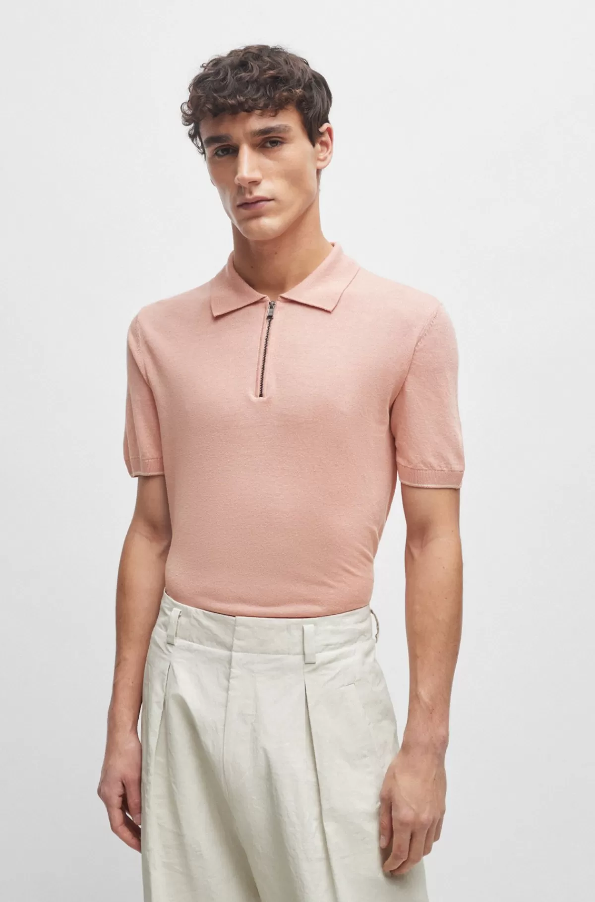 HUGO BOSS Polosweater I Hørblanding Med Lynlås Lys pink New