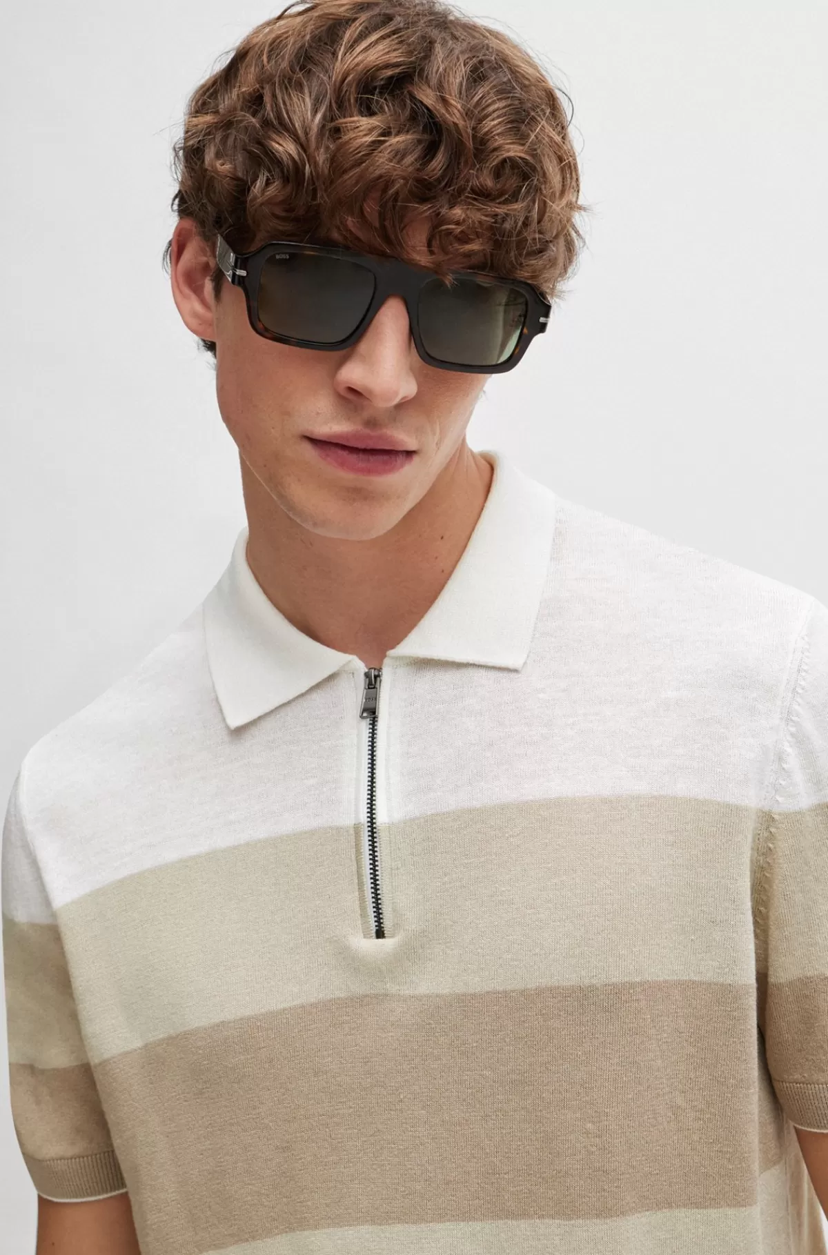 HUGO BOSS Polosweater I Hørblanding Med Lynlås Lys beige New