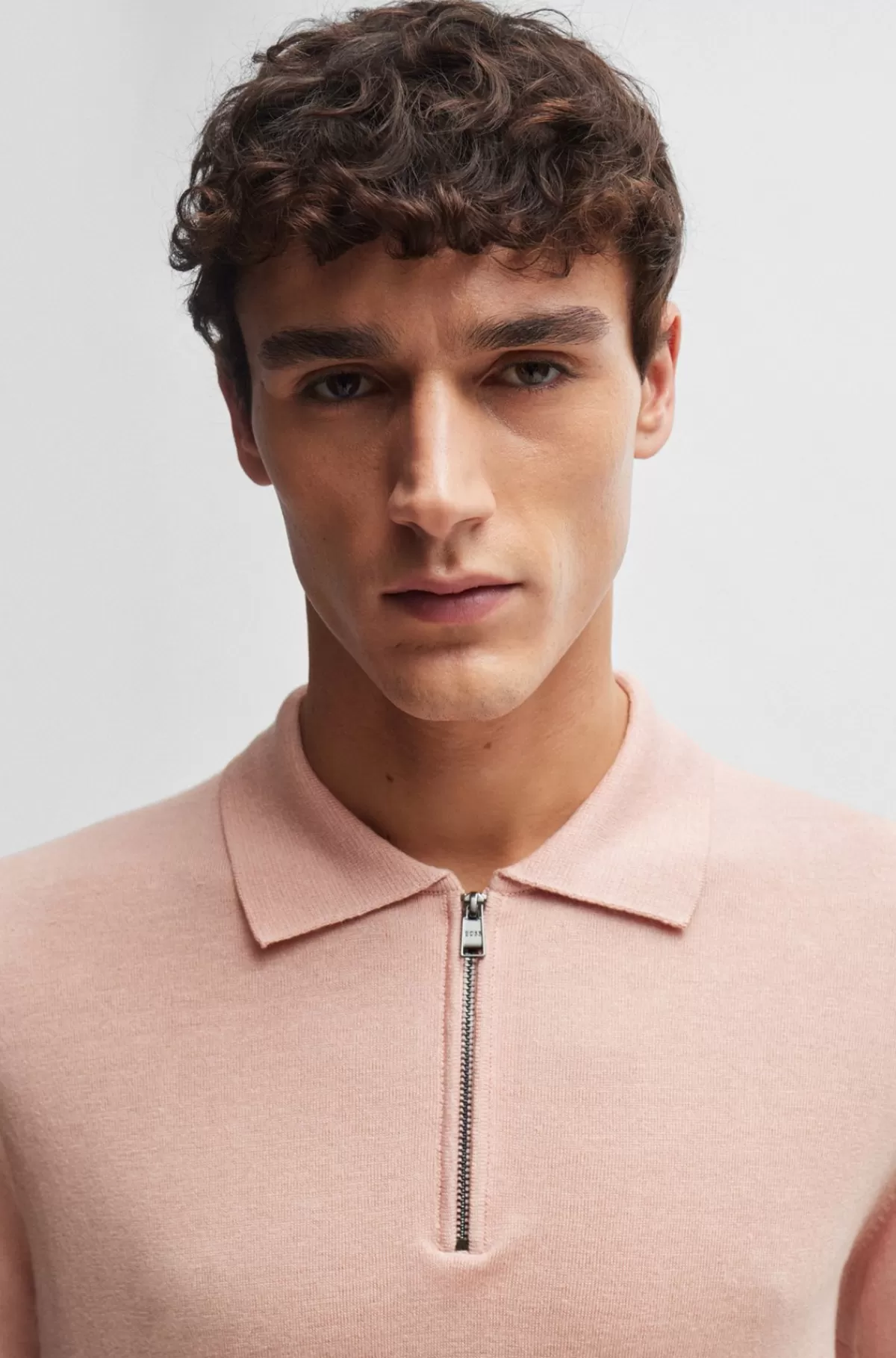 HUGO BOSS Polosweater I Hørblanding Med Lynlås Lys pink New