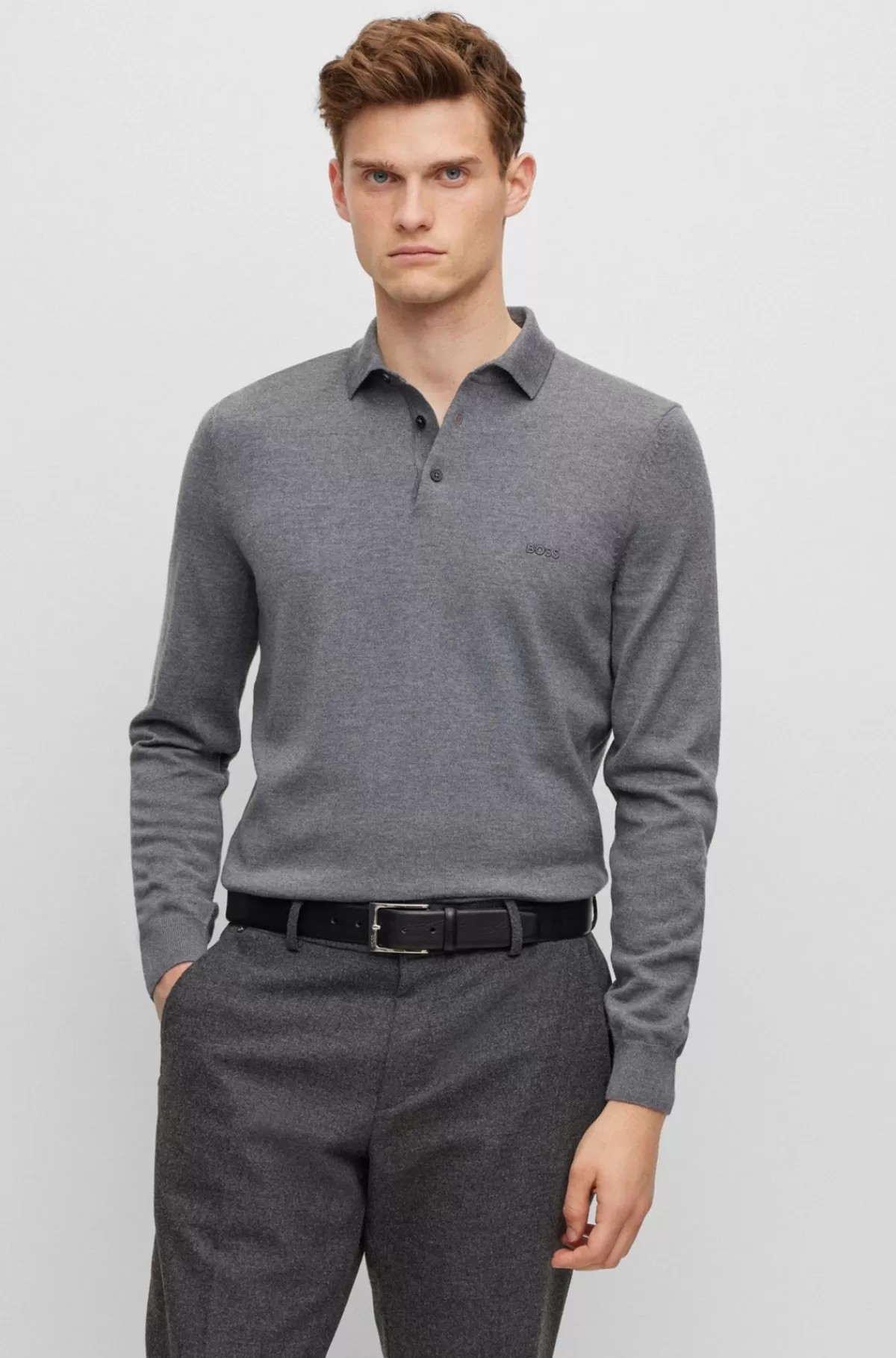 HUGO BOSS Polosweater Med Broderet Logo I Ny Uld Grå Clearance
