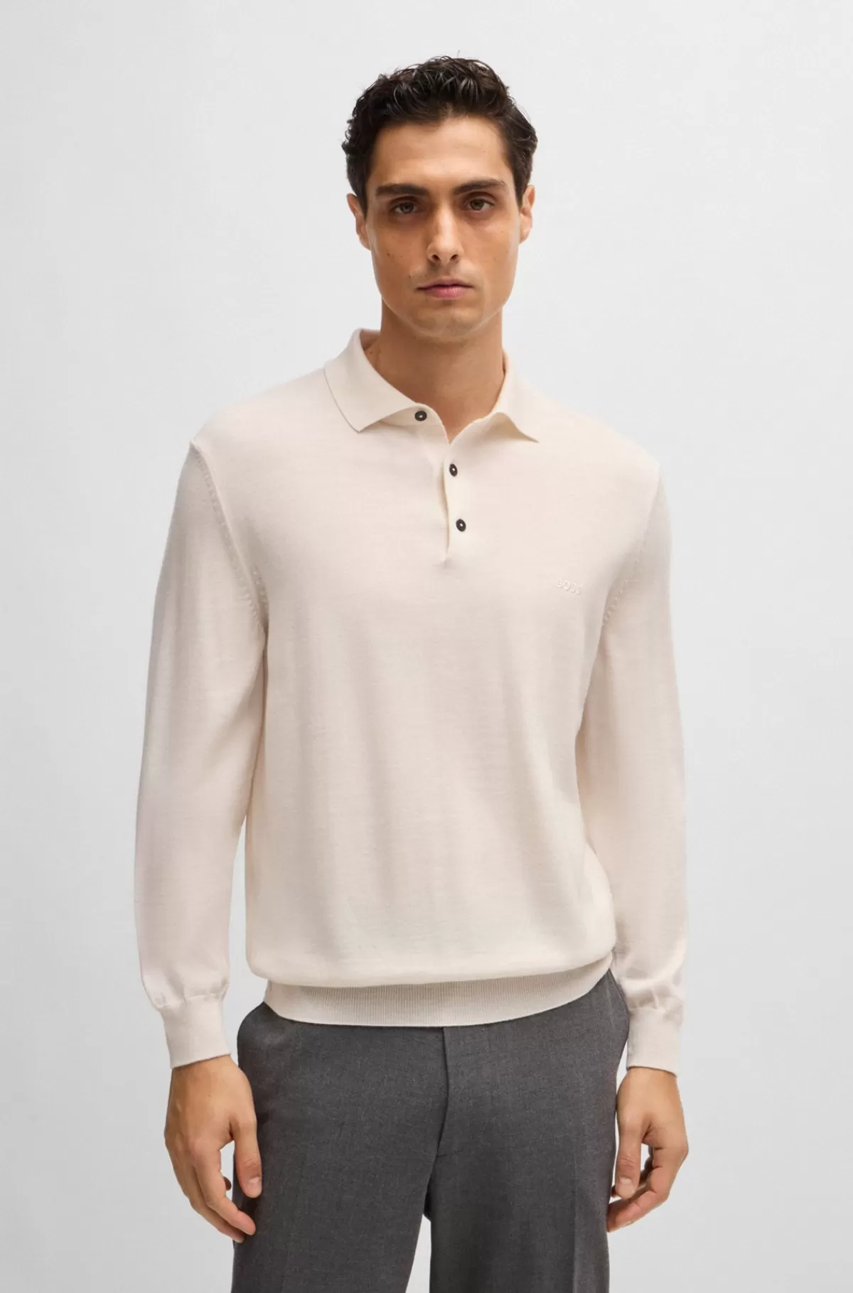 HUGO BOSS Polosweater Med Broderet Logo I Ny Uld Hvid New