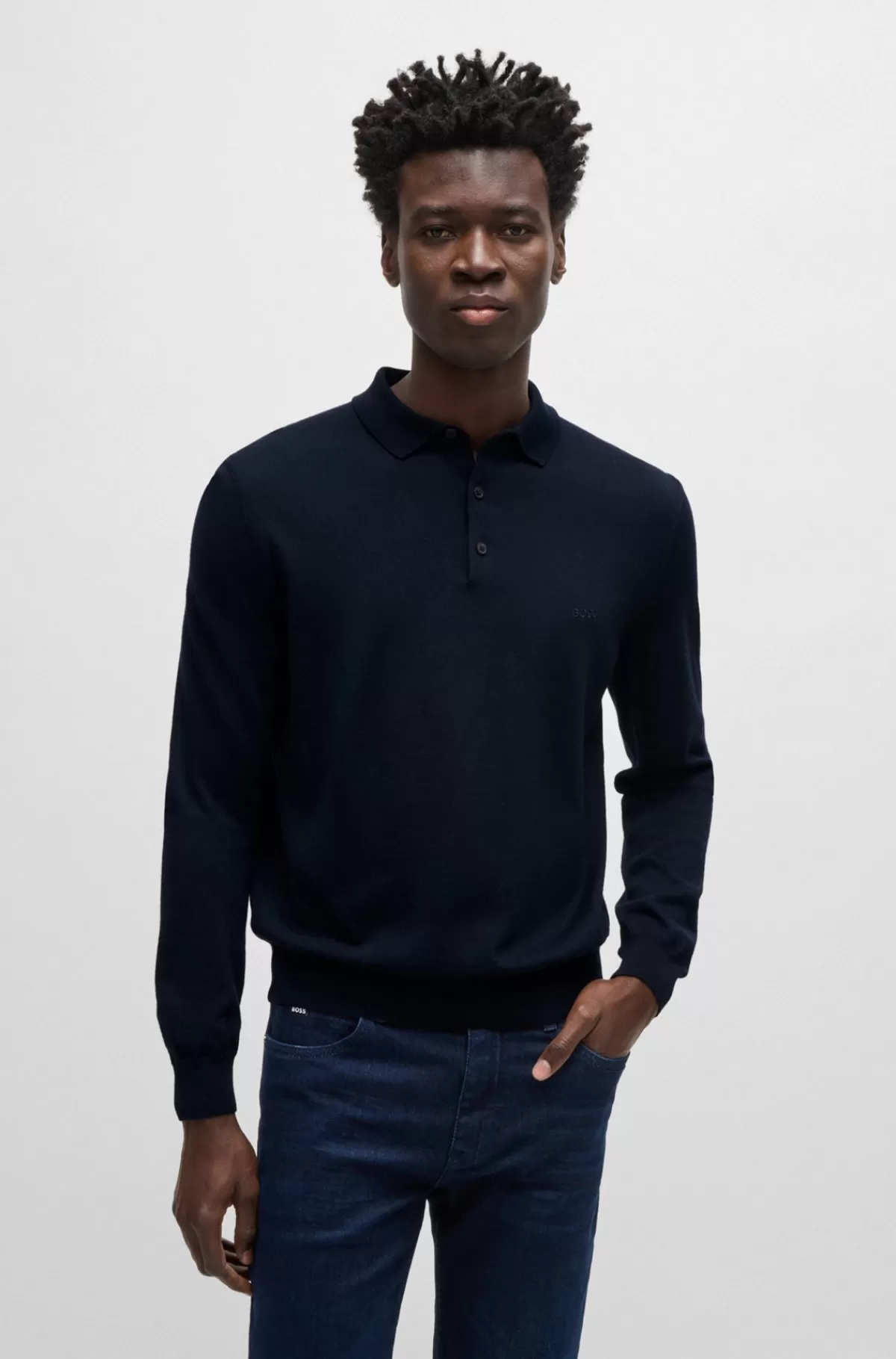 HUGO BOSS Polosweater Med Broderet Logo I Ny Uld Mørkeblå Outlet