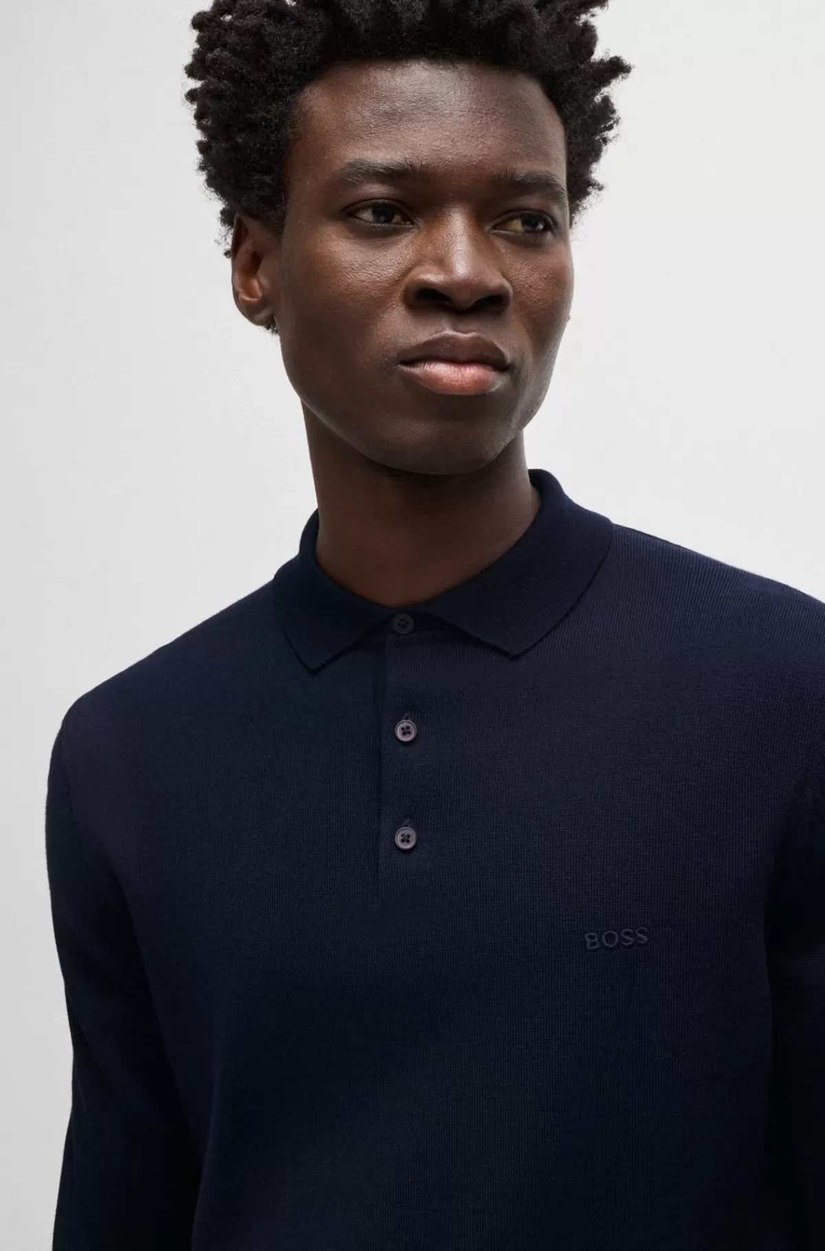 HUGO BOSS Polosweater Med Broderet Logo I Ny Uld Mørkeblå Outlet
