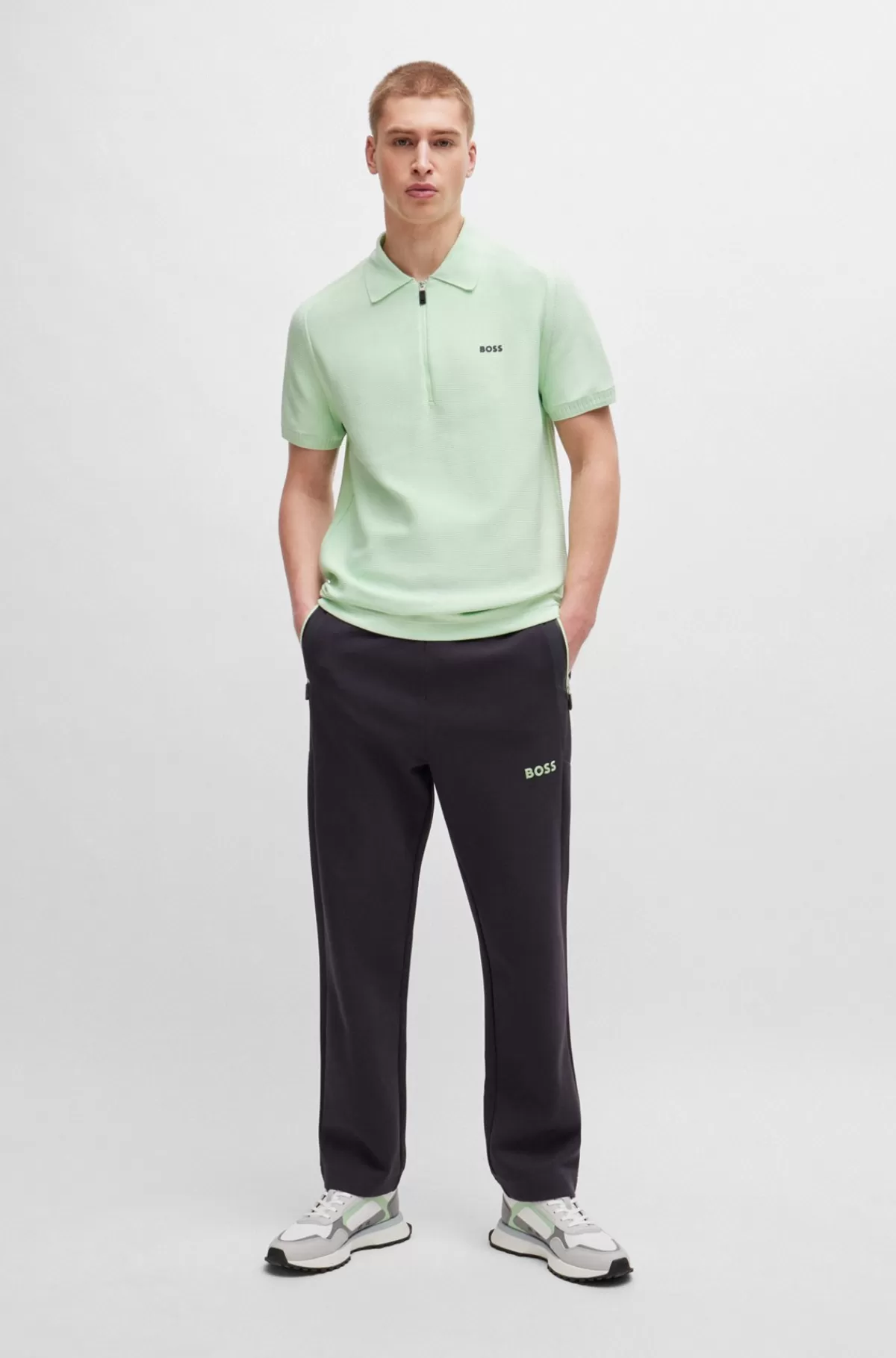 HUGO BOSS Polosweater Med Korte ærmer Og Lynlås I Halsen Samt Logo Lysegrøn Best