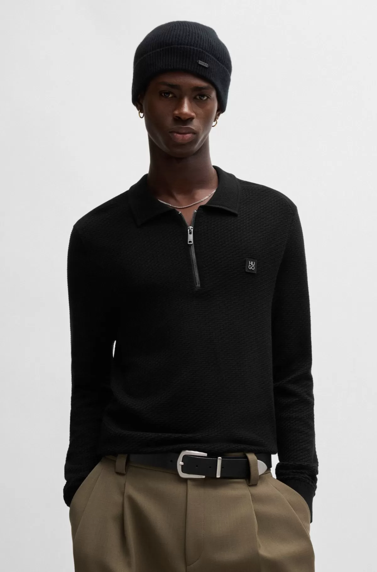 HUGO BOSS Polosweater Med Lynlås I Halsen Og Stablet Logo Sort Clearance