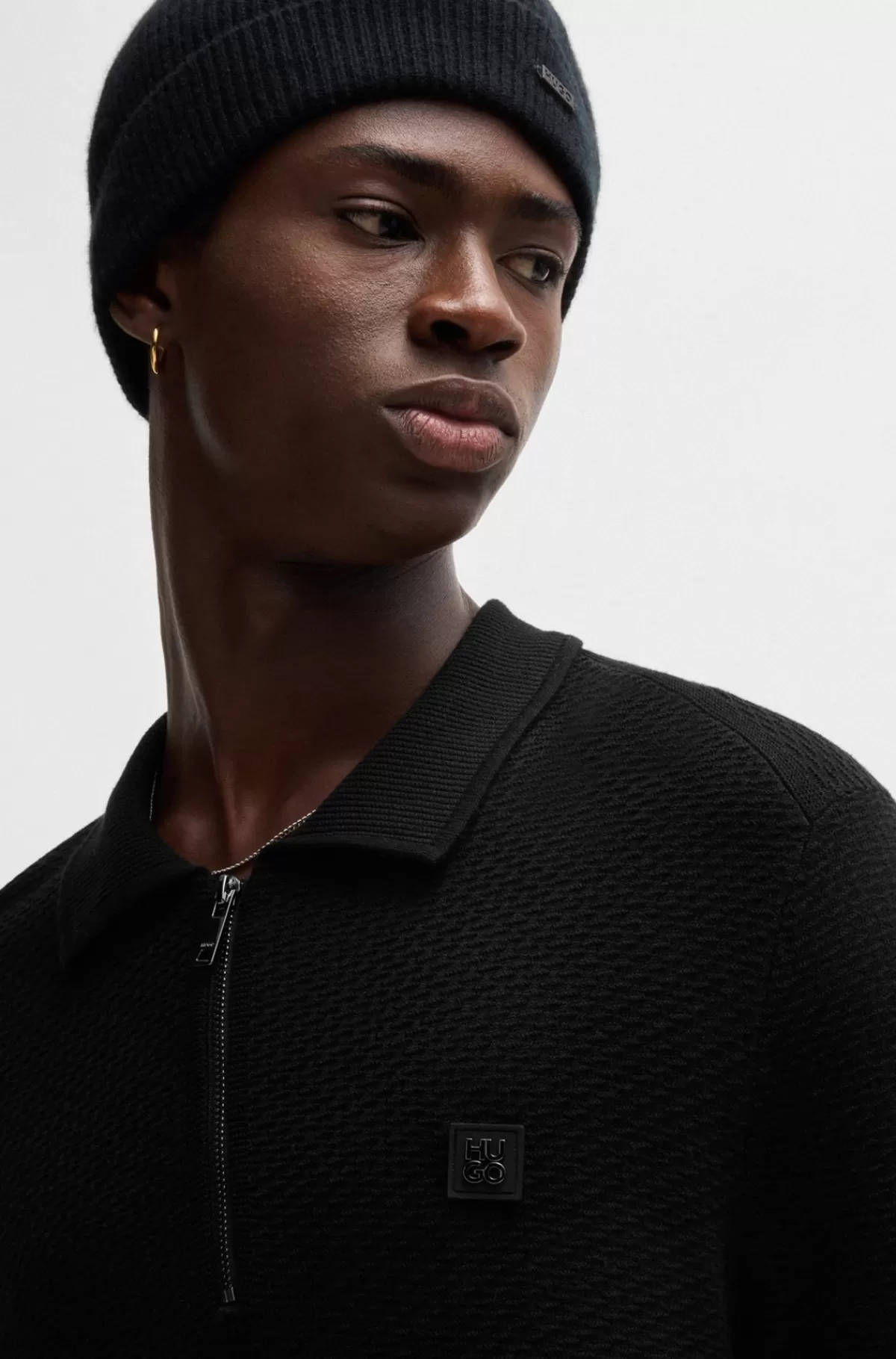 HUGO BOSS Polosweater Med Lynlås I Halsen Og Stablet Logo Sort Clearance