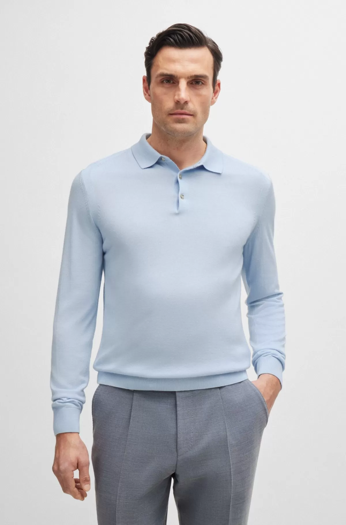 HUGO BOSS Polosweater Med Regular Fit I Uld, Silke Og Kashmir Lyseblå Store