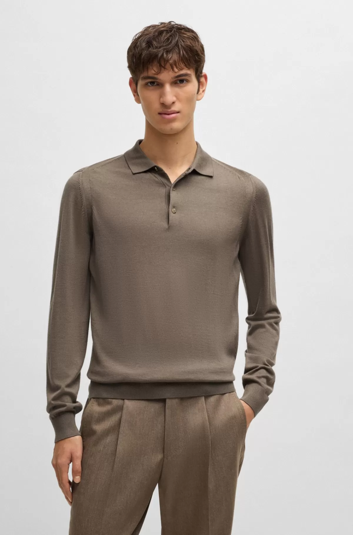 HUGO BOSS Polosweater Med Regular Fit I Uld, Silke Og Kashmir Brun Cheap