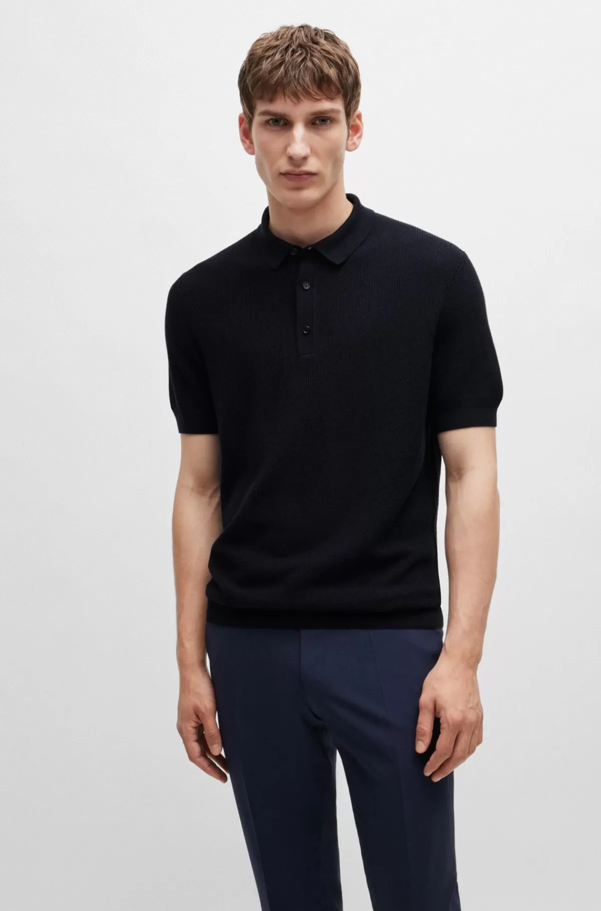 HUGO BOSS Polosweater Med Regular Fit Og Blandede Strukturer Mørkeblå Best