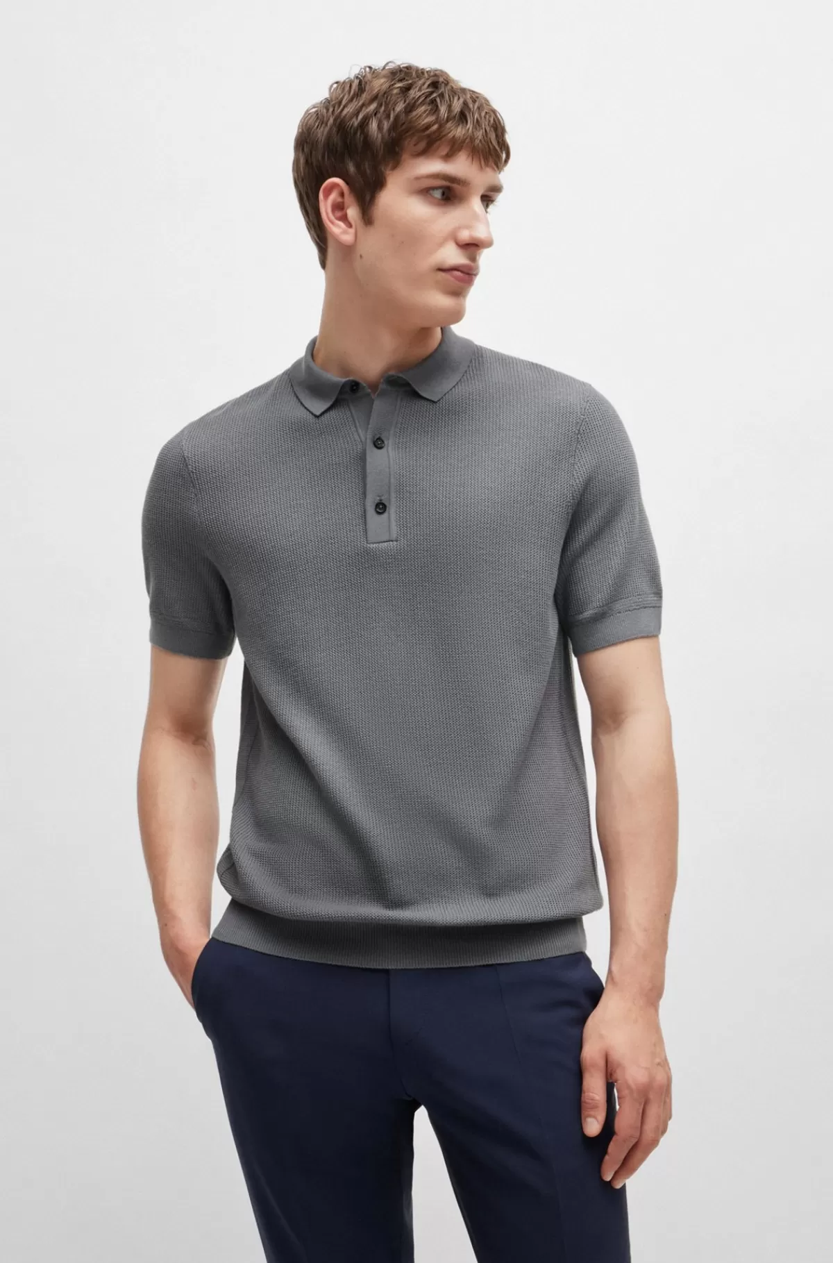 HUGO BOSS Polosweater Med Regular Fit Og Blandede Strukturer Grå Hot