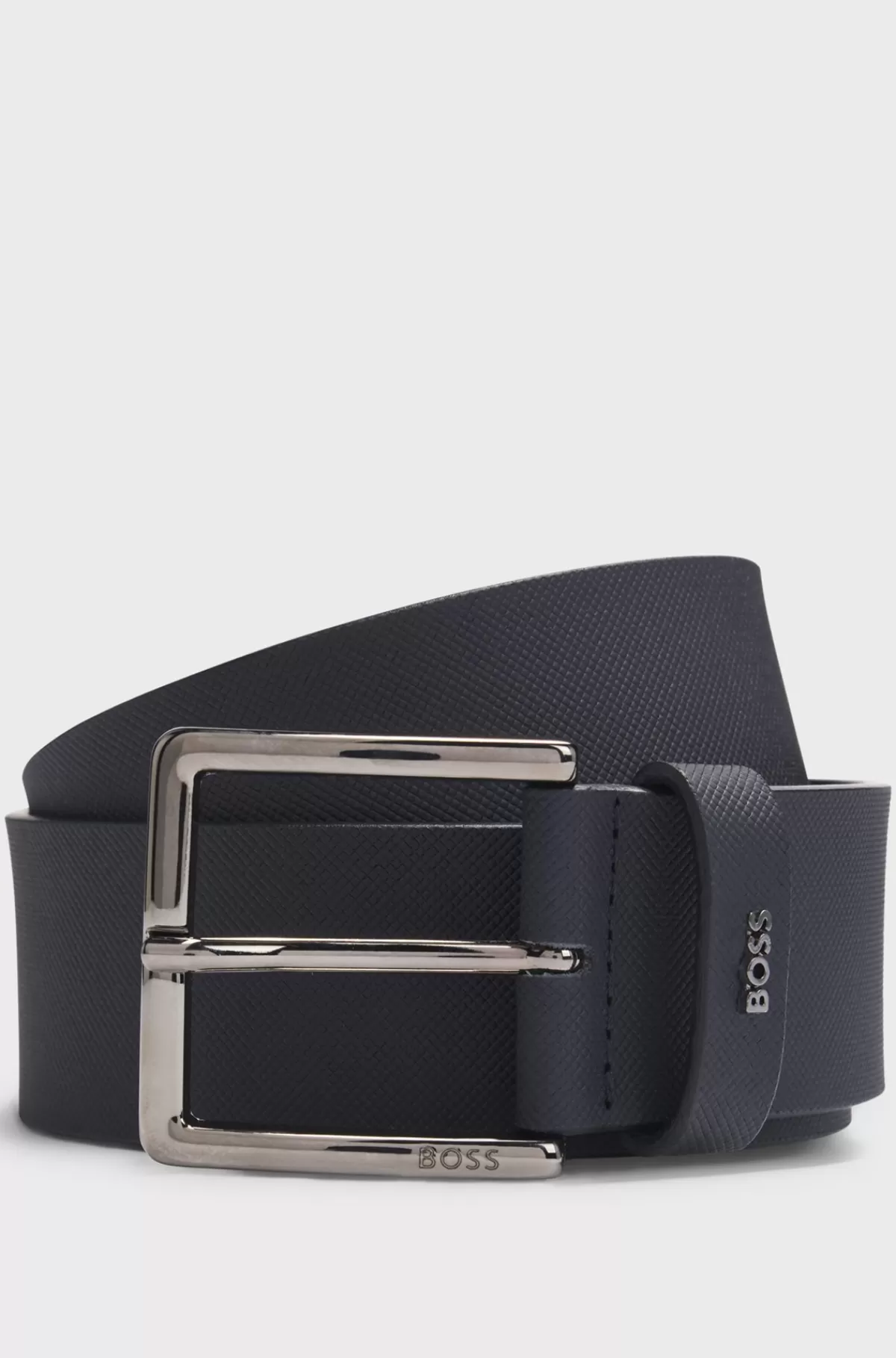 HUGO BOSS Præget Læderbælte Med Spænde Samt Logostrop Mørkeblå Sale