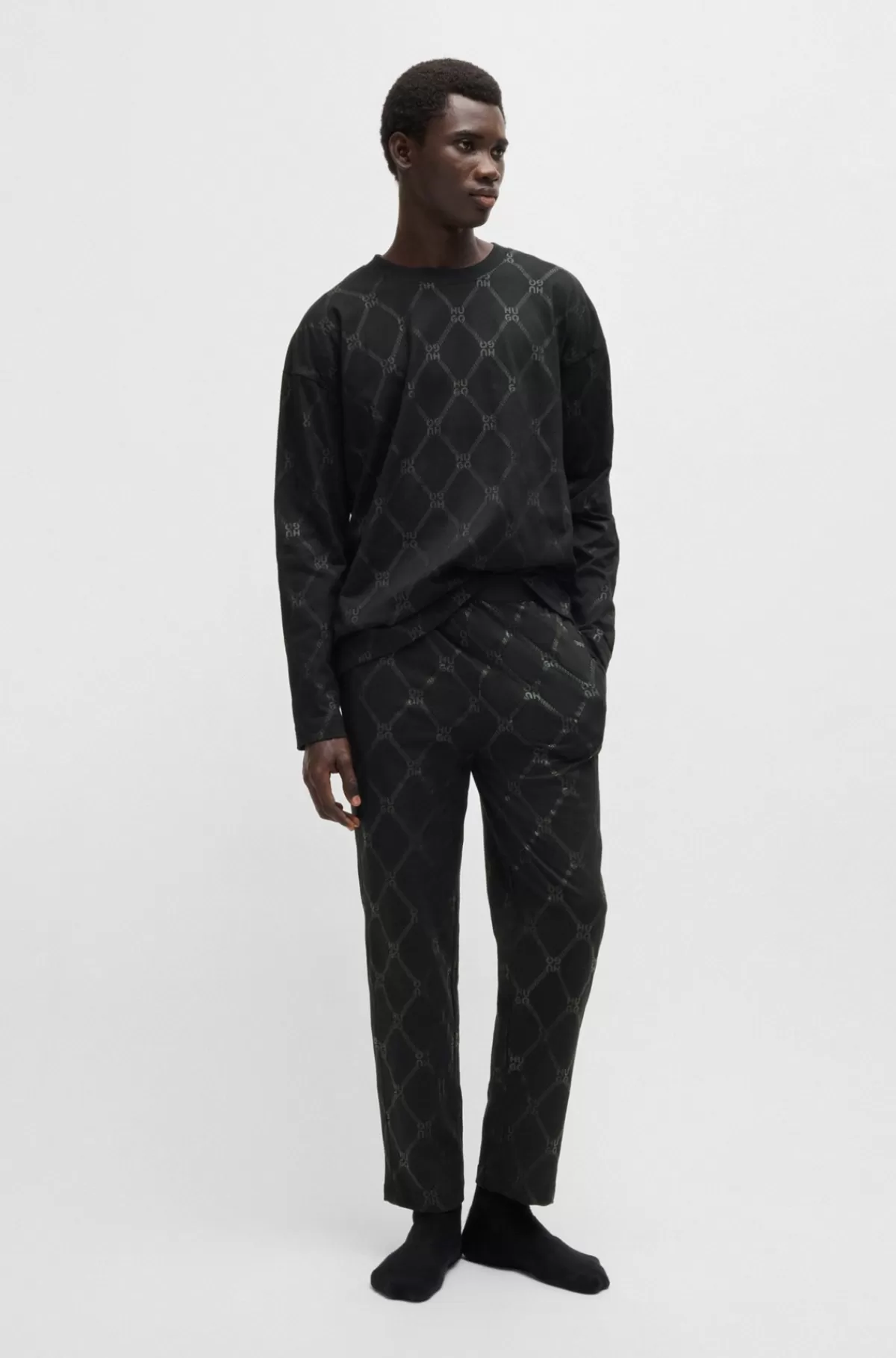 HUGO BOSS Pyjamas I Bomuldsjersey Med Signaturkædemønster Sort Sale