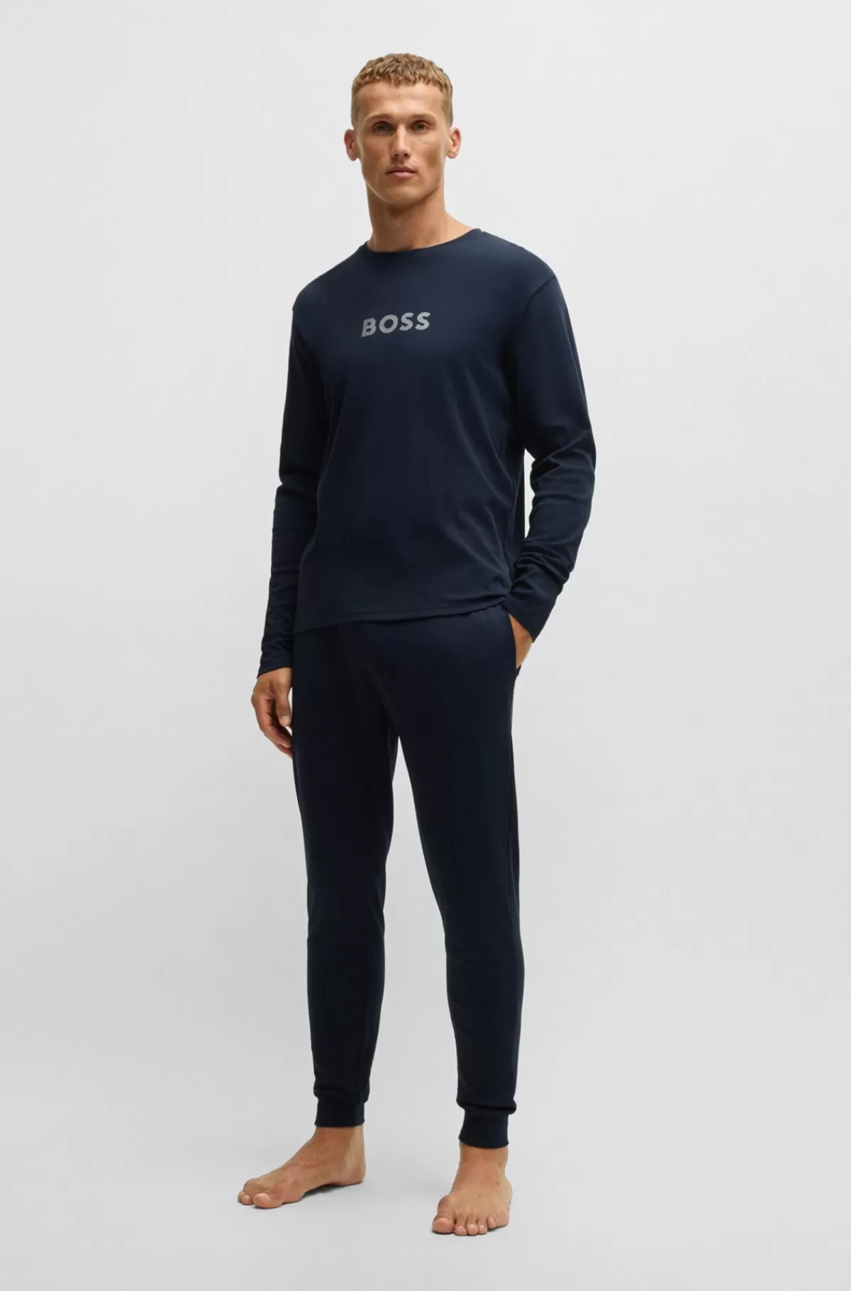 HUGO BOSS Pyjamas I Interlock-bomuld Med Folieprintet Branding Mørkeblå Flash Sale