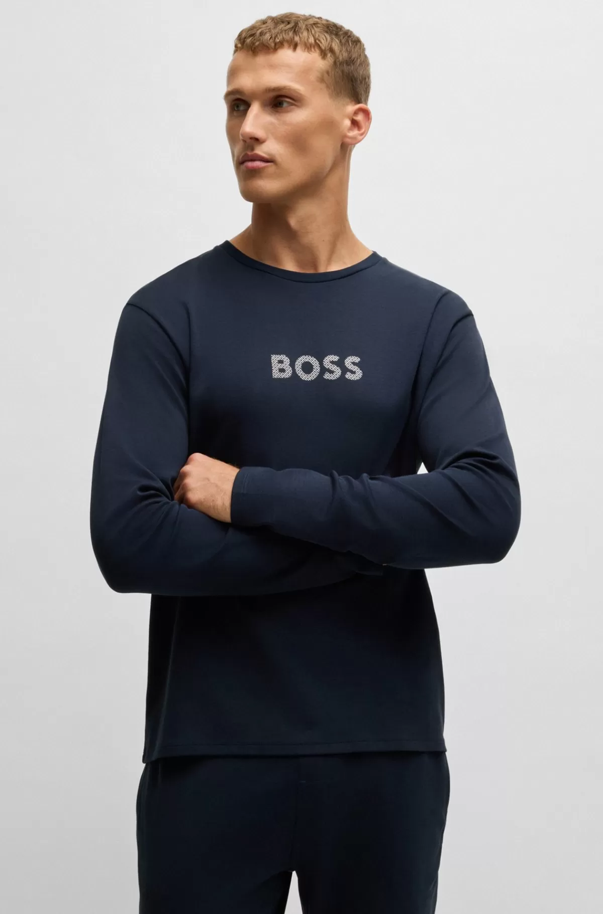 HUGO BOSS Pyjamas I Interlock-bomuld Med Folieprintet Branding Mørkeblå Flash Sale