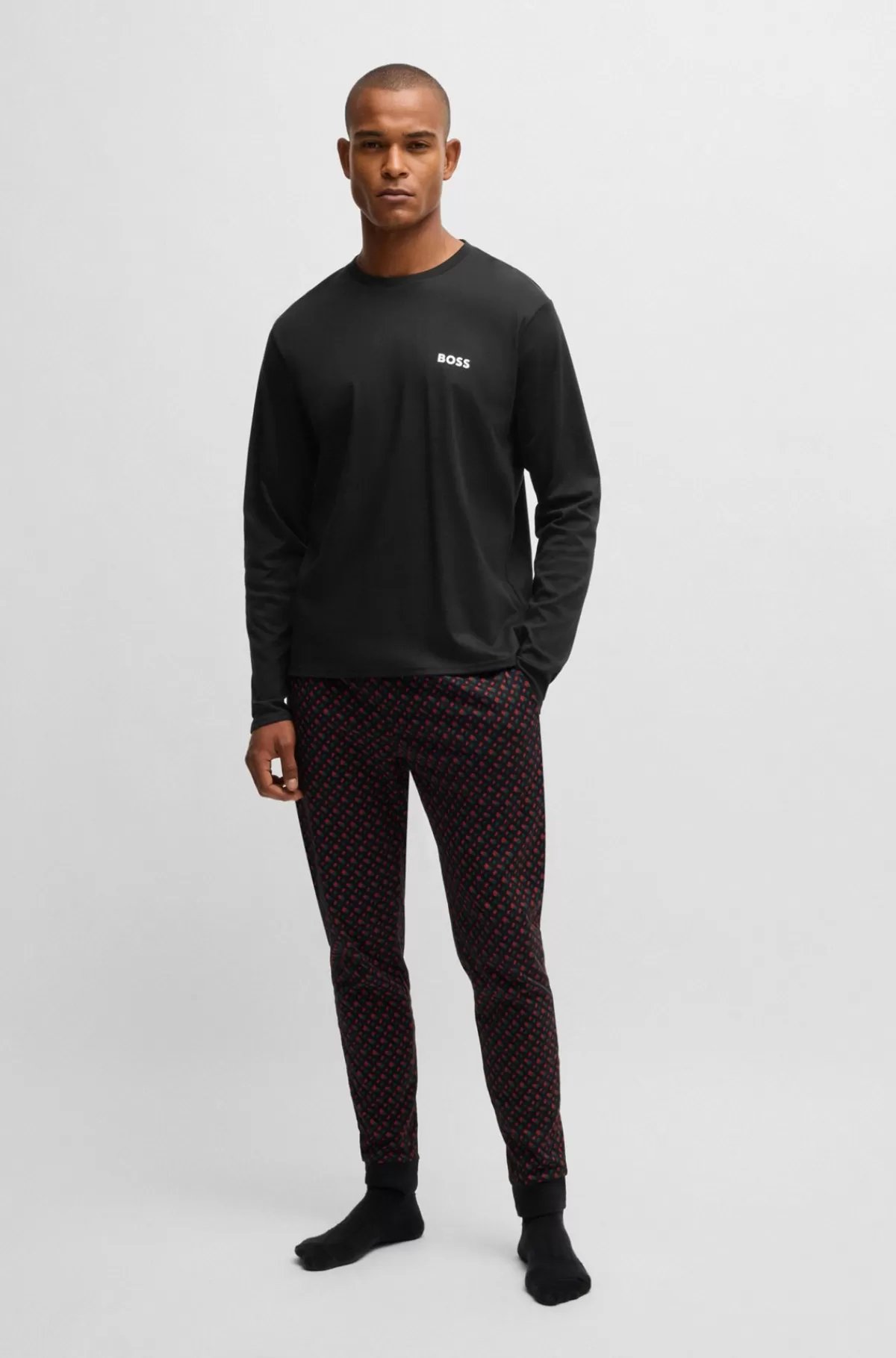 HUGO BOSS Pyjamas I Interlock-bomuld Med Signaturdetaljer Sort Clearance