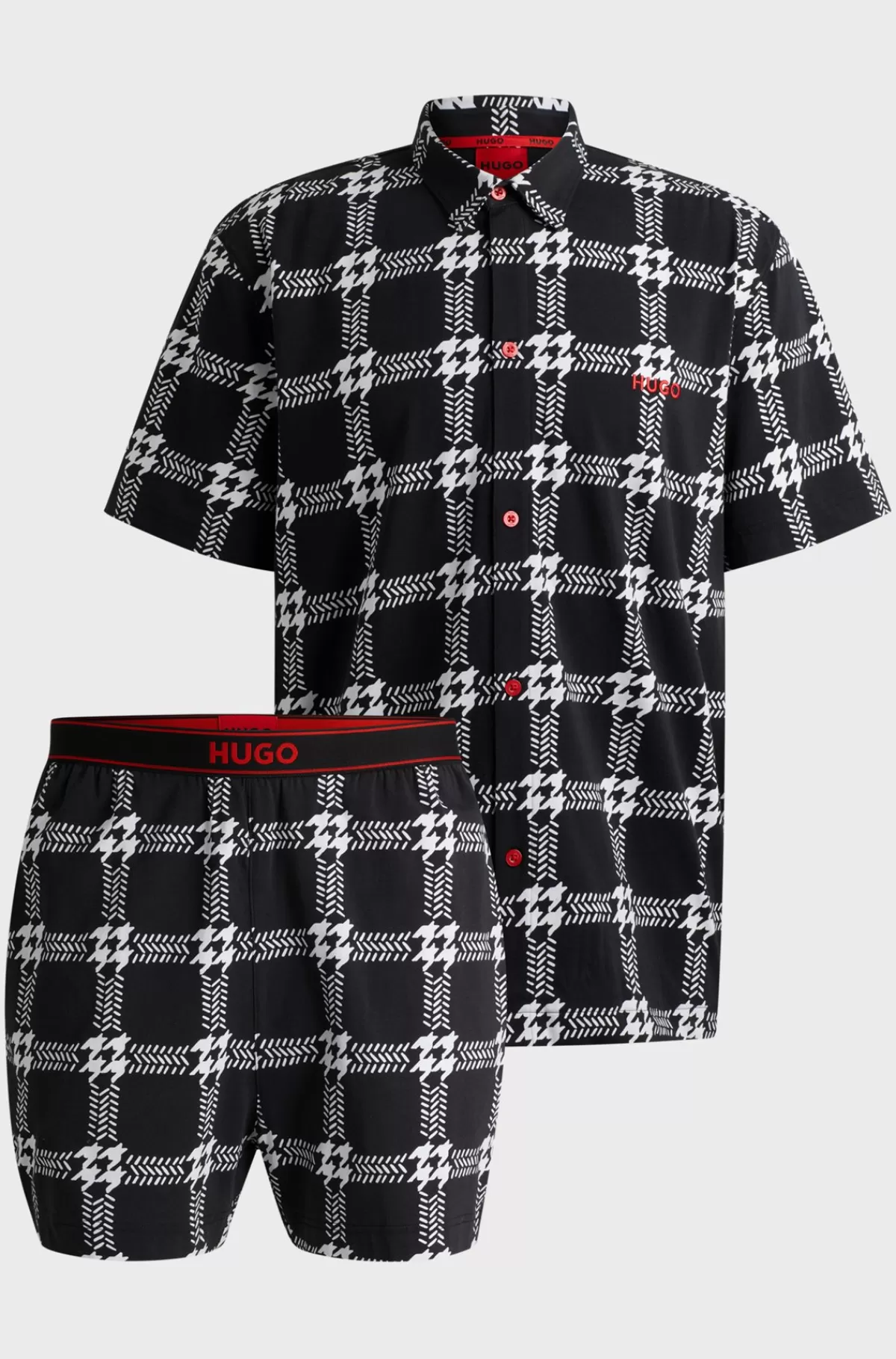 HUGO BOSS Pyjamas Med Korte ærmer Og Ben I Bomuld Med Stræk Og Hanefjedsprint Sort Shop