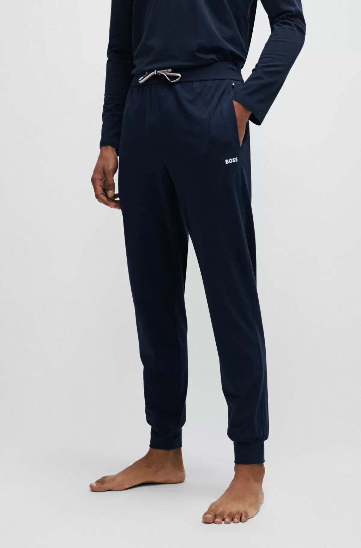 HUGO BOSS Pyjamasbukser I Bomuld Med Stræk Med Logoprint Mørkeblå Cheap