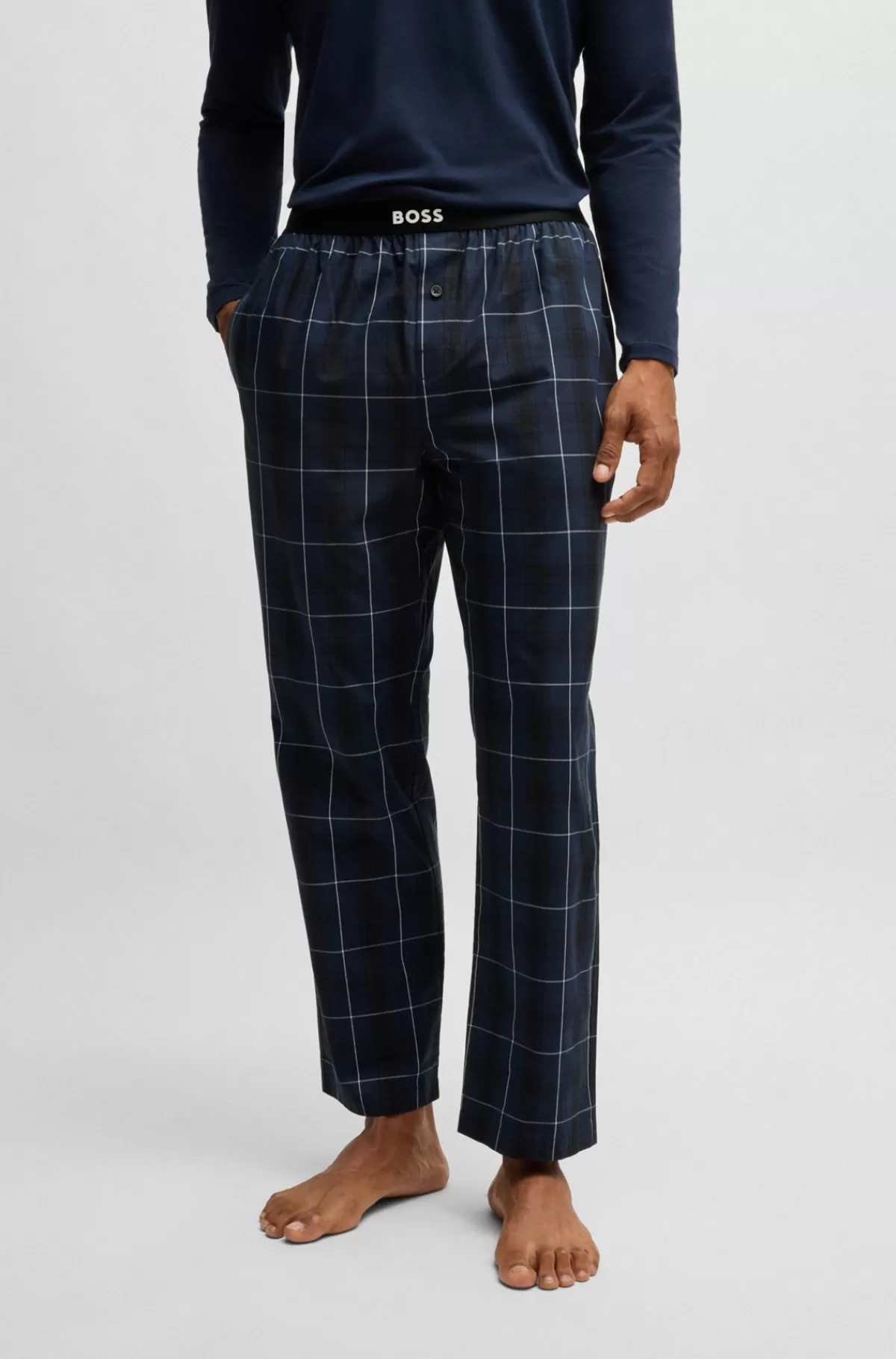 HUGO BOSS Pyjamasbukser Med Logolinning I Ternet Bomuldspoplin Mørkeblå Shop