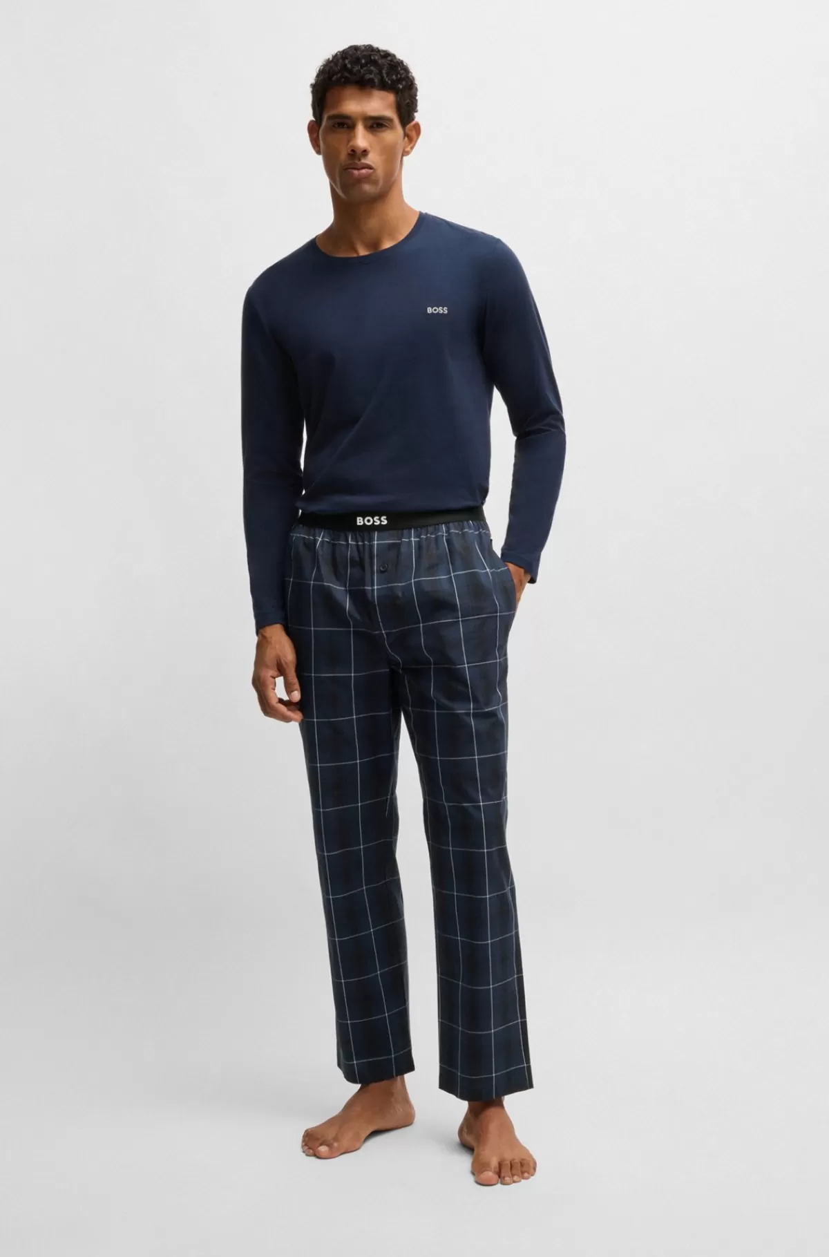 HUGO BOSS Pyjamasbukser Med Logolinning I Ternet Bomuldspoplin Mørkeblå Shop