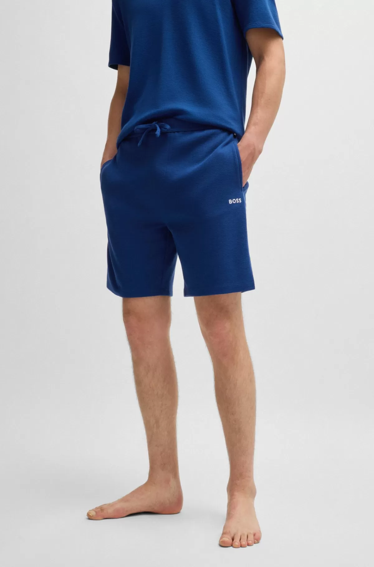 HUGO BOSS Pyjamasshort Med Broderet Logo Og Vaffelstruktur Blå Flash Sale