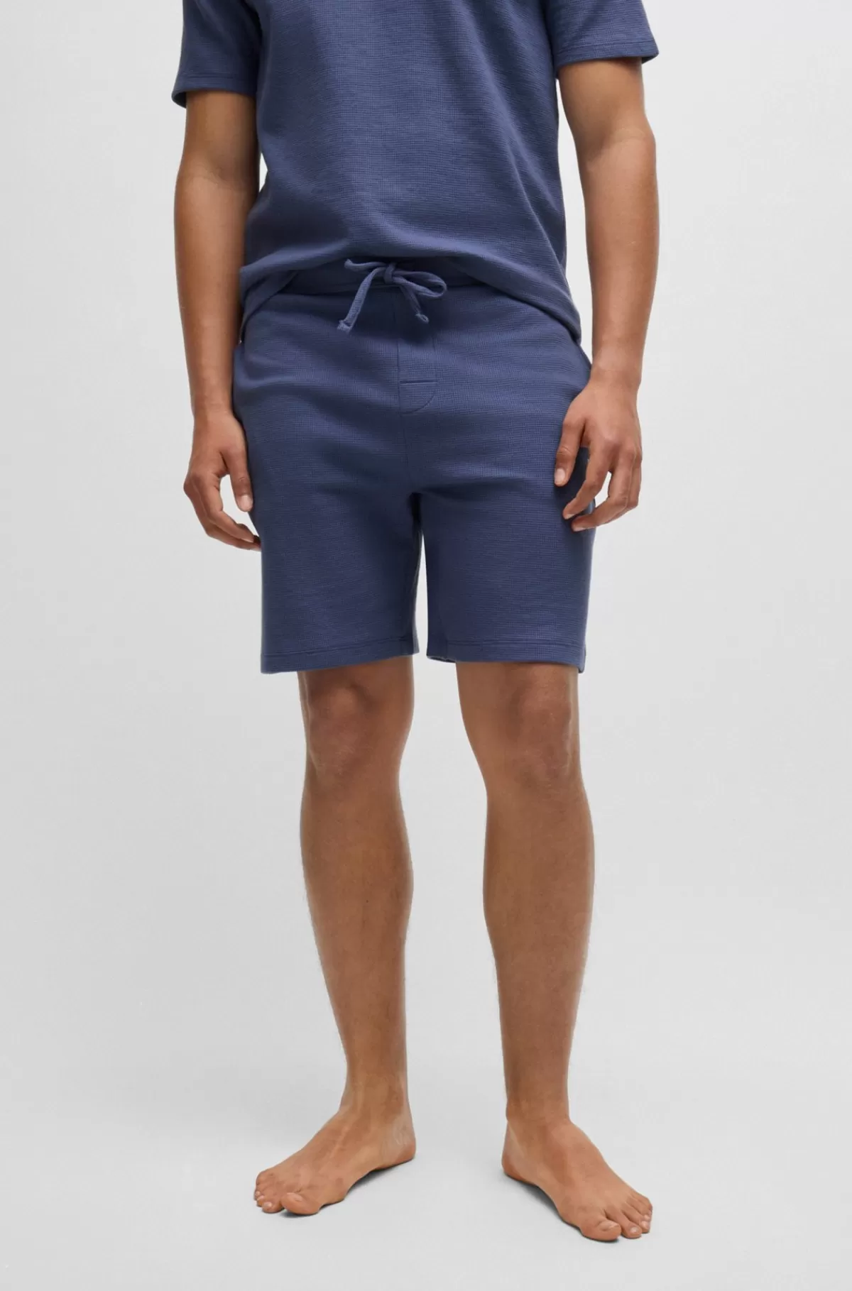 HUGO BOSS Pyjamasshort Med Broderet Logo Og Vaffelstruktur Blå Cheap