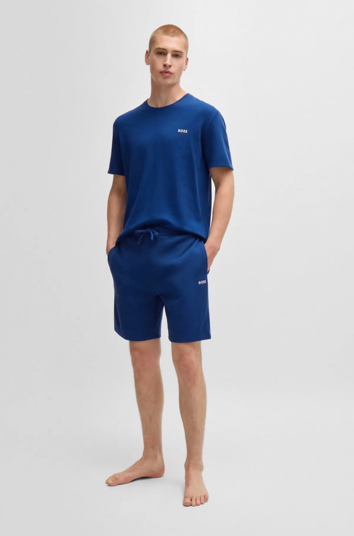 HUGO BOSS Pyjamasshort Med Broderet Logo Og Vaffelstruktur Blå Flash Sale