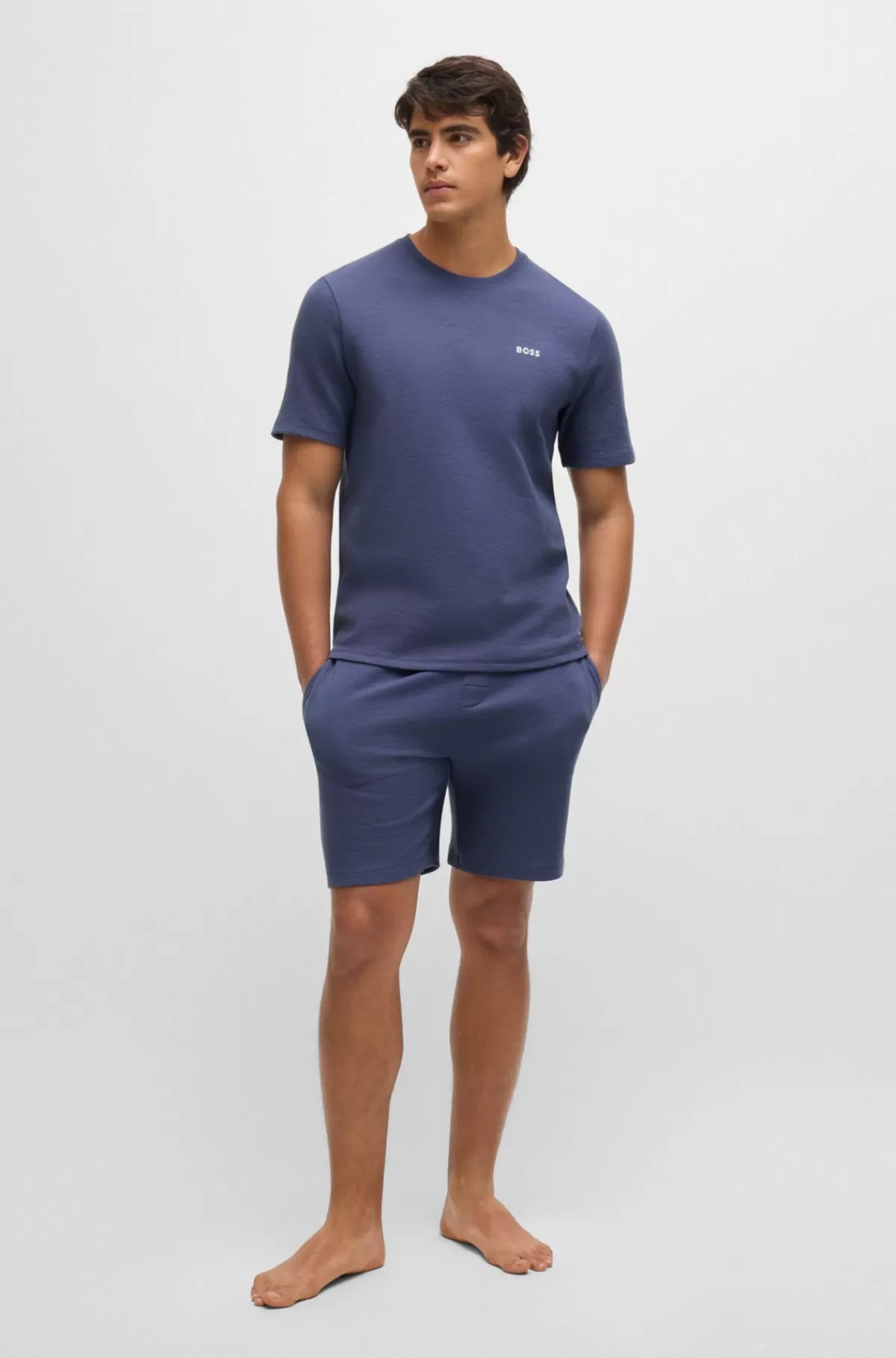 HUGO BOSS Pyjamasshort Med Broderet Logo Og Vaffelstruktur Blå Cheap