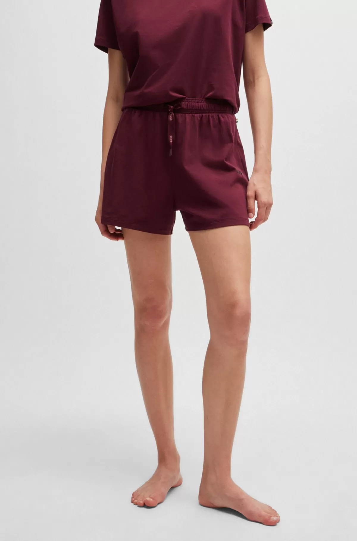 HUGO BOSS Pyjamasshorts I Bomuld Med Stræk, Logoprint Og Løbesnor Mørkerød Sale