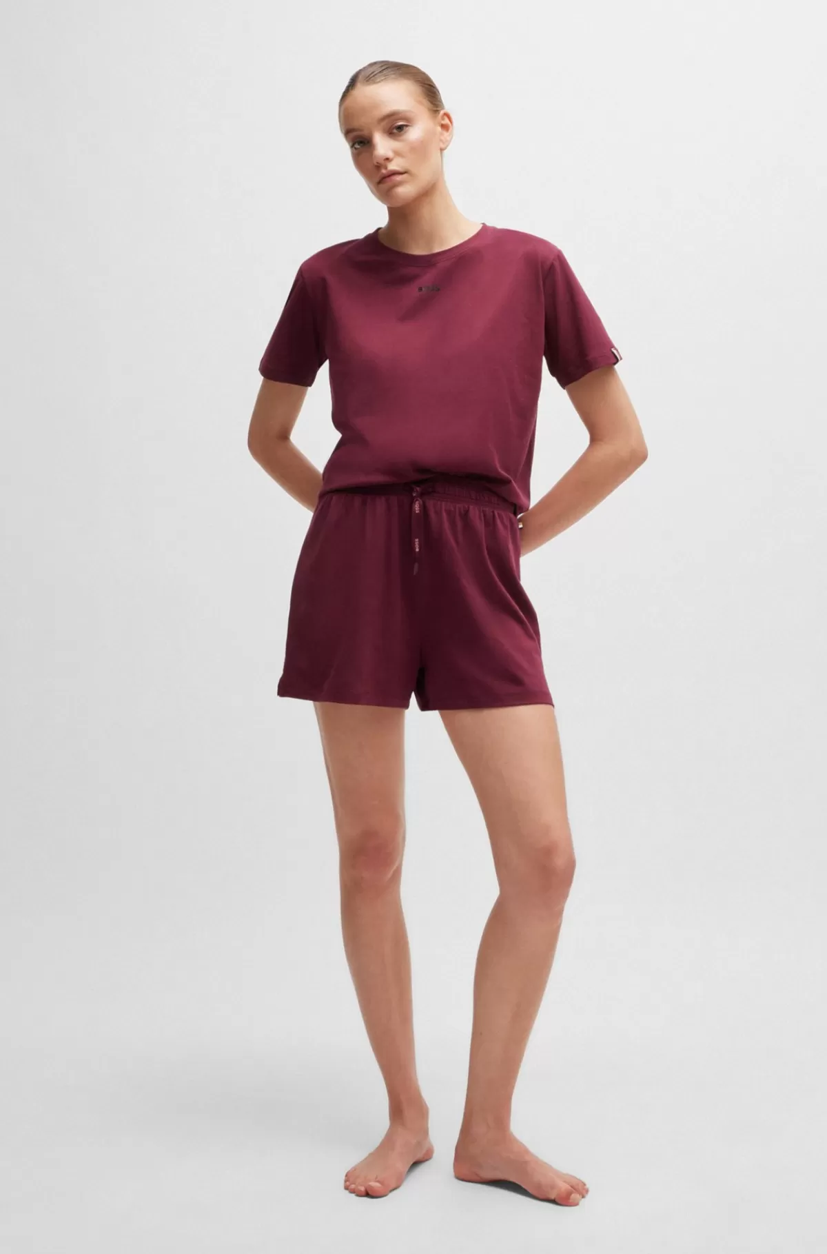 HUGO BOSS Pyjamasshorts I Bomuld Med Stræk, Logoprint Og Løbesnor Mørkerød Sale