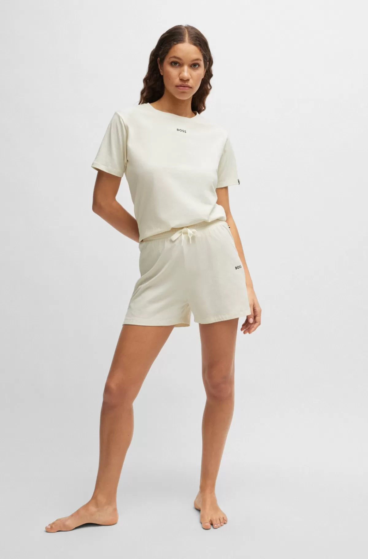 HUGO BOSS Pyjamasshorts I Bomuld Med Stræk, Logoprint Og Løbesnor Hvid Best