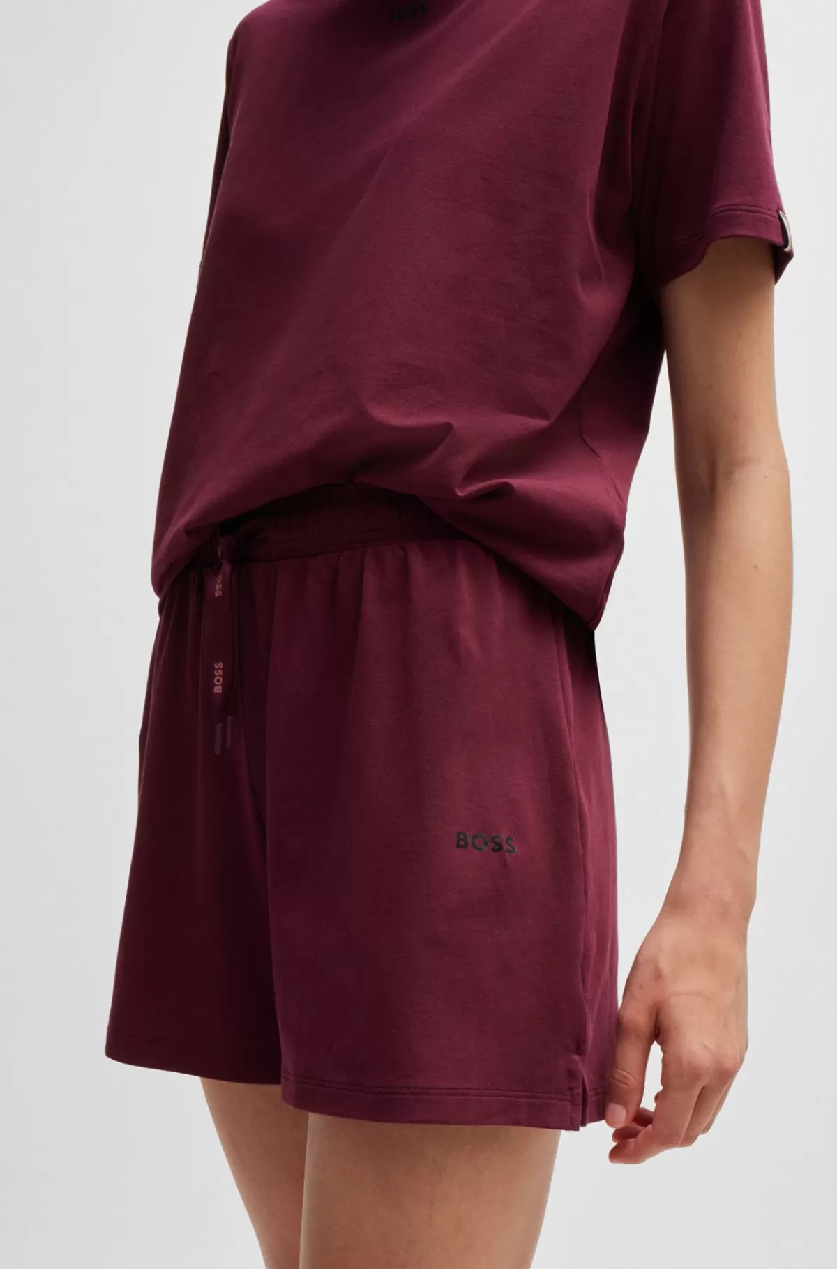 HUGO BOSS Pyjamasshorts I Bomuld Med Stræk, Logoprint Og Løbesnor Mørkerød Sale