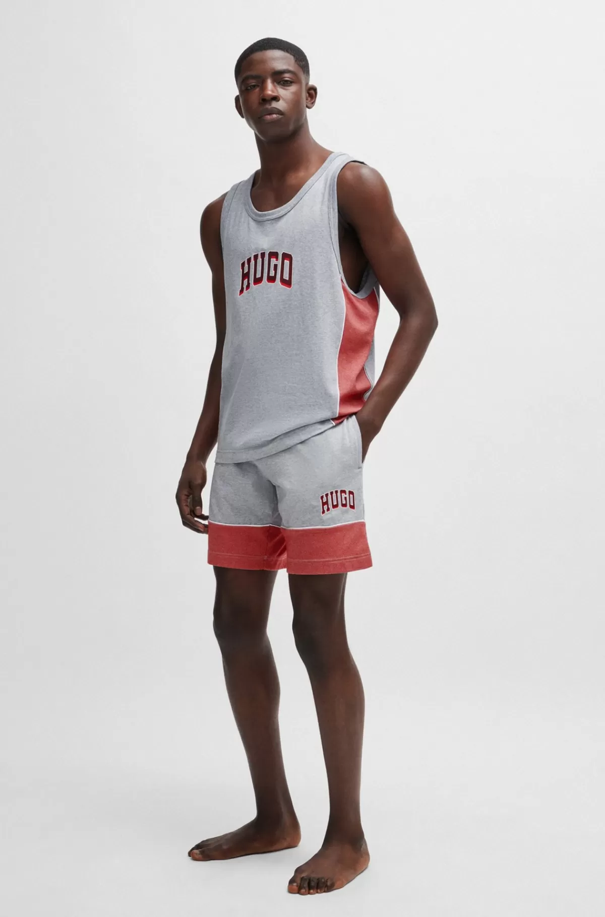 HUGO BOSS Pyjamasshorts I Bomuld Med Stræk Og Mesh-kanter Grå Clearance