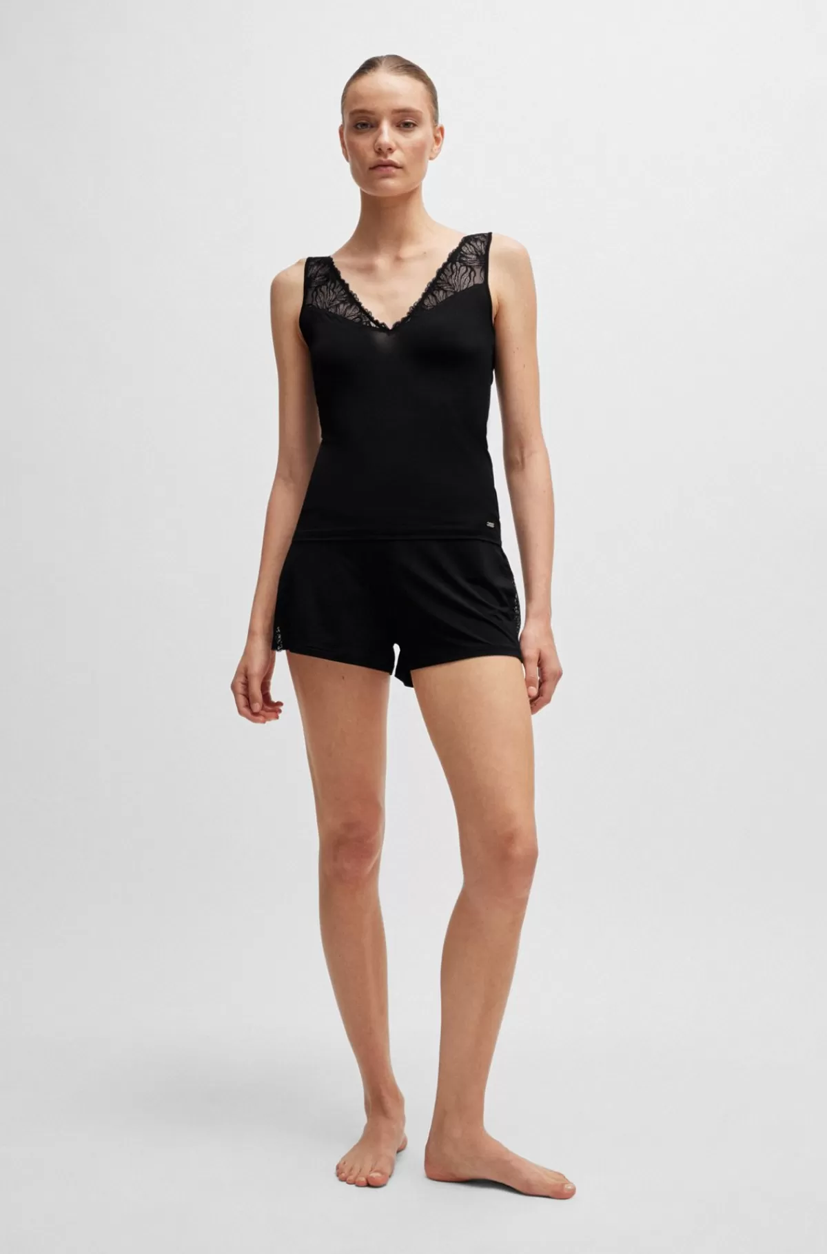 HUGO BOSS Pyjamasshorts I Stof Med Stræk Og Blondedetalje Sort Cheap
