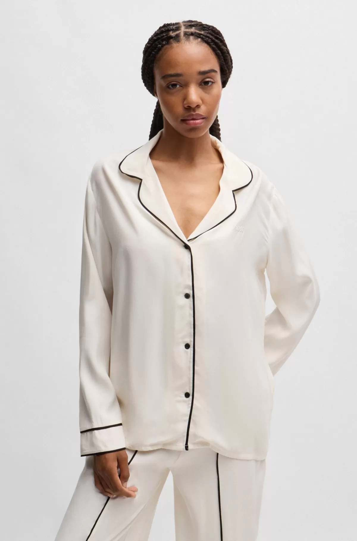 HUGO BOSS Pyjamasskjorte Med Paspolering I Kontrastfarve Og Broderet Logo Hvid Best Sale