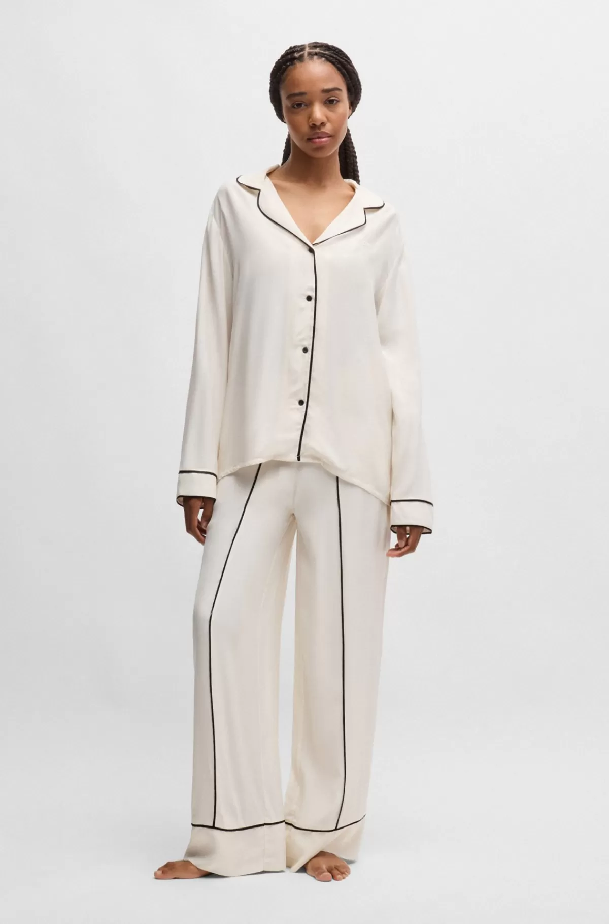 HUGO BOSS Pyjamasskjorte Med Paspolering I Kontrastfarve Og Broderet Logo Hvid Best Sale