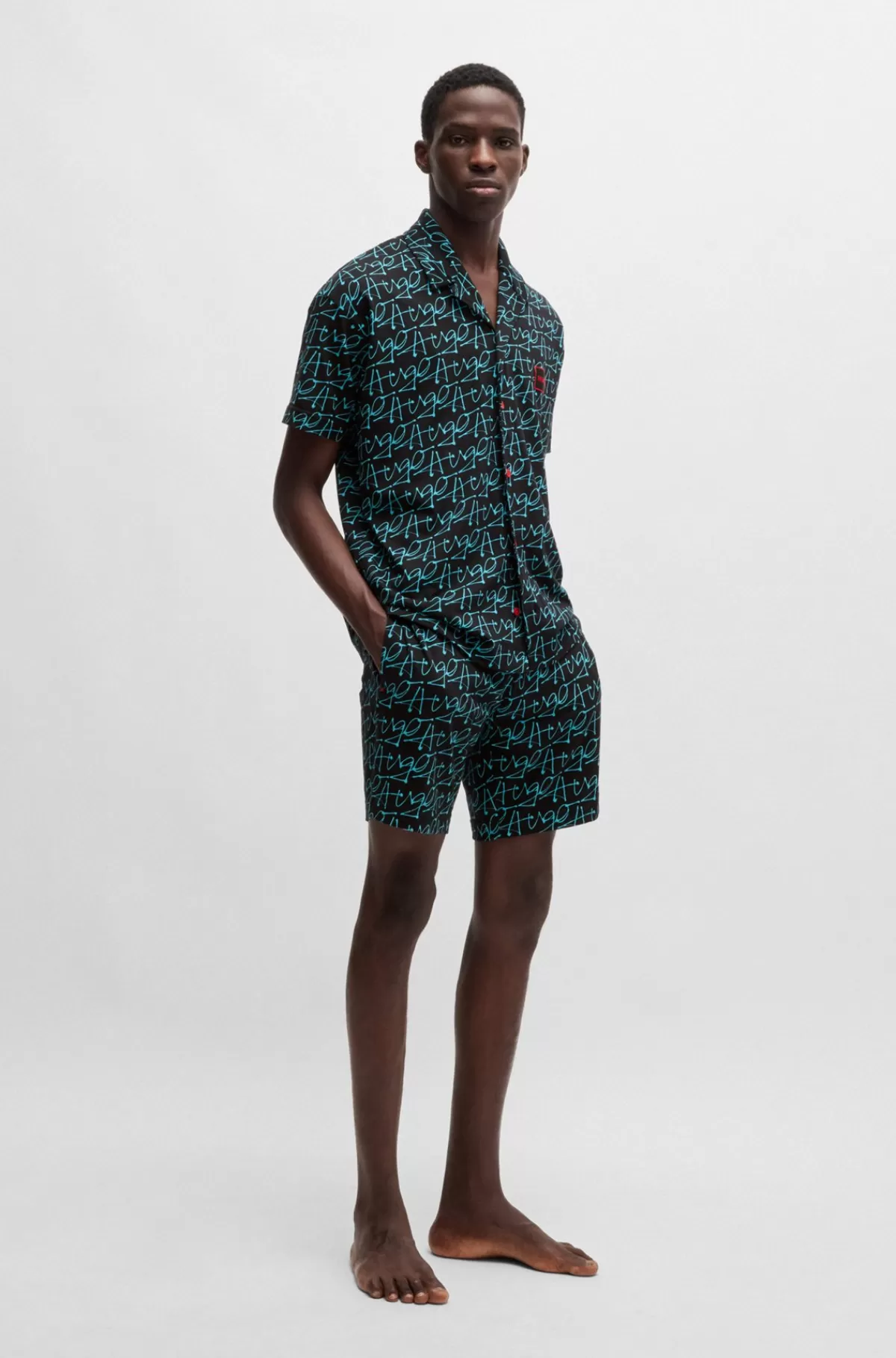 HUGO BOSS Pyjamassæt I Bomuld Med Stræk Og Håndskrevet Logografik Sort/blå Store