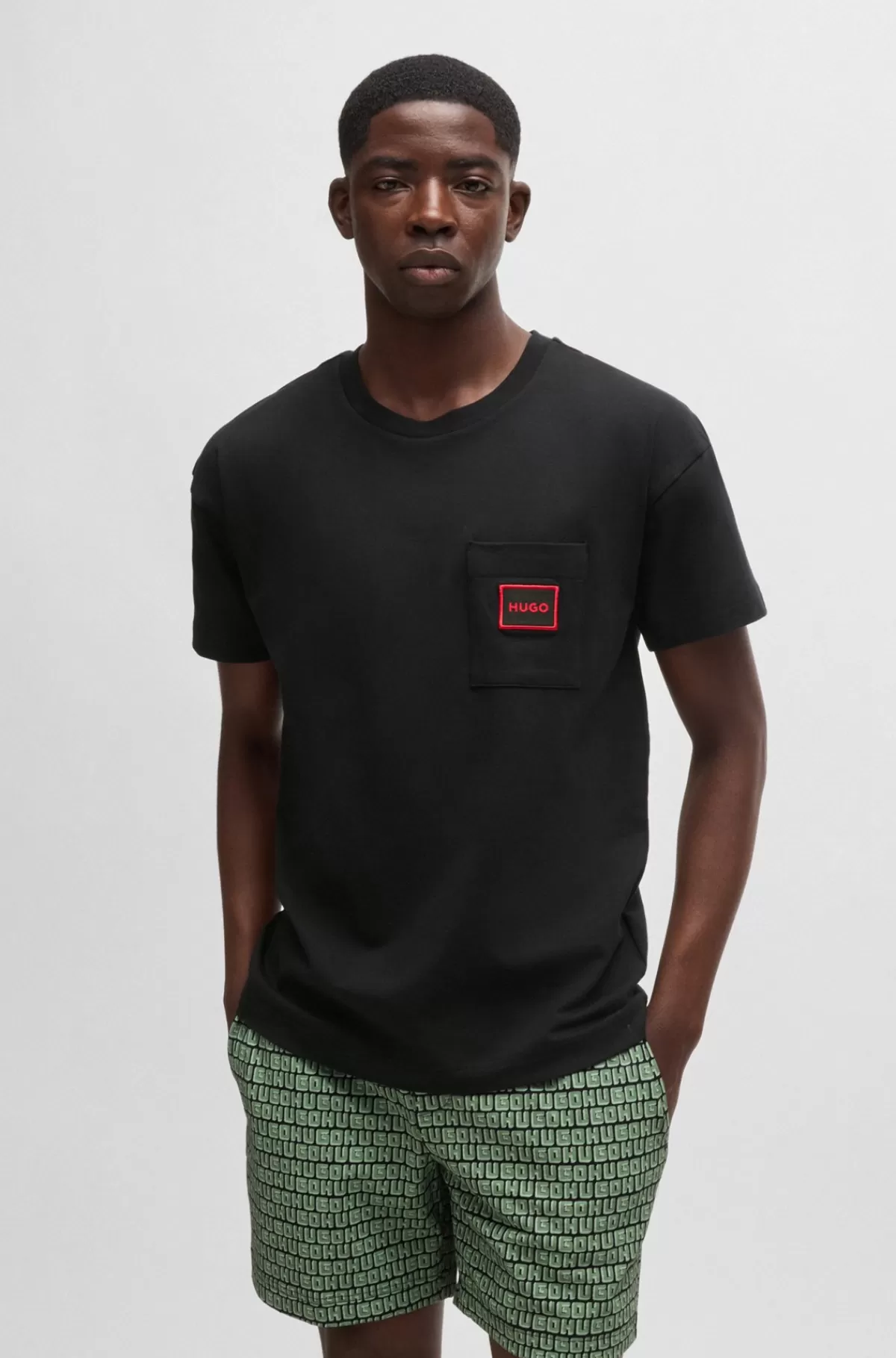 HUGO BOSS Pyjamassæt I Bomuld Med Stræk Og Logodetaljer Sort/grøn Cheap