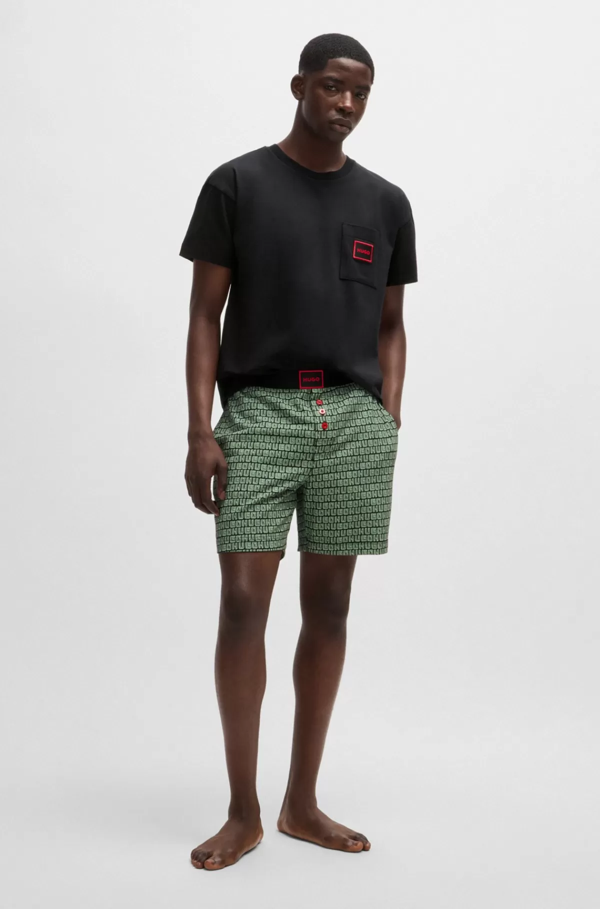 HUGO BOSS Pyjamassæt I Bomuld Med Stræk Og Logodetaljer Sort/grøn Cheap