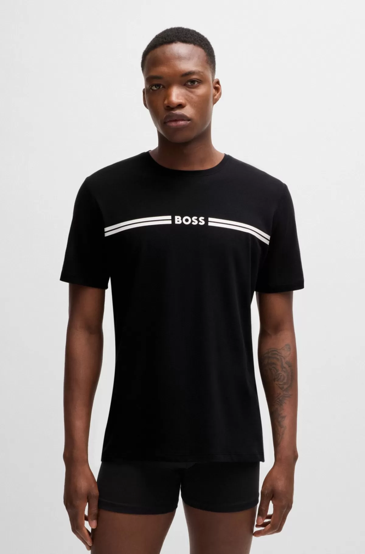 HUGO BOSS Pyjamas-T-shirt I Bomuld Med Stræk, Stribe Og Logo Sort Sale