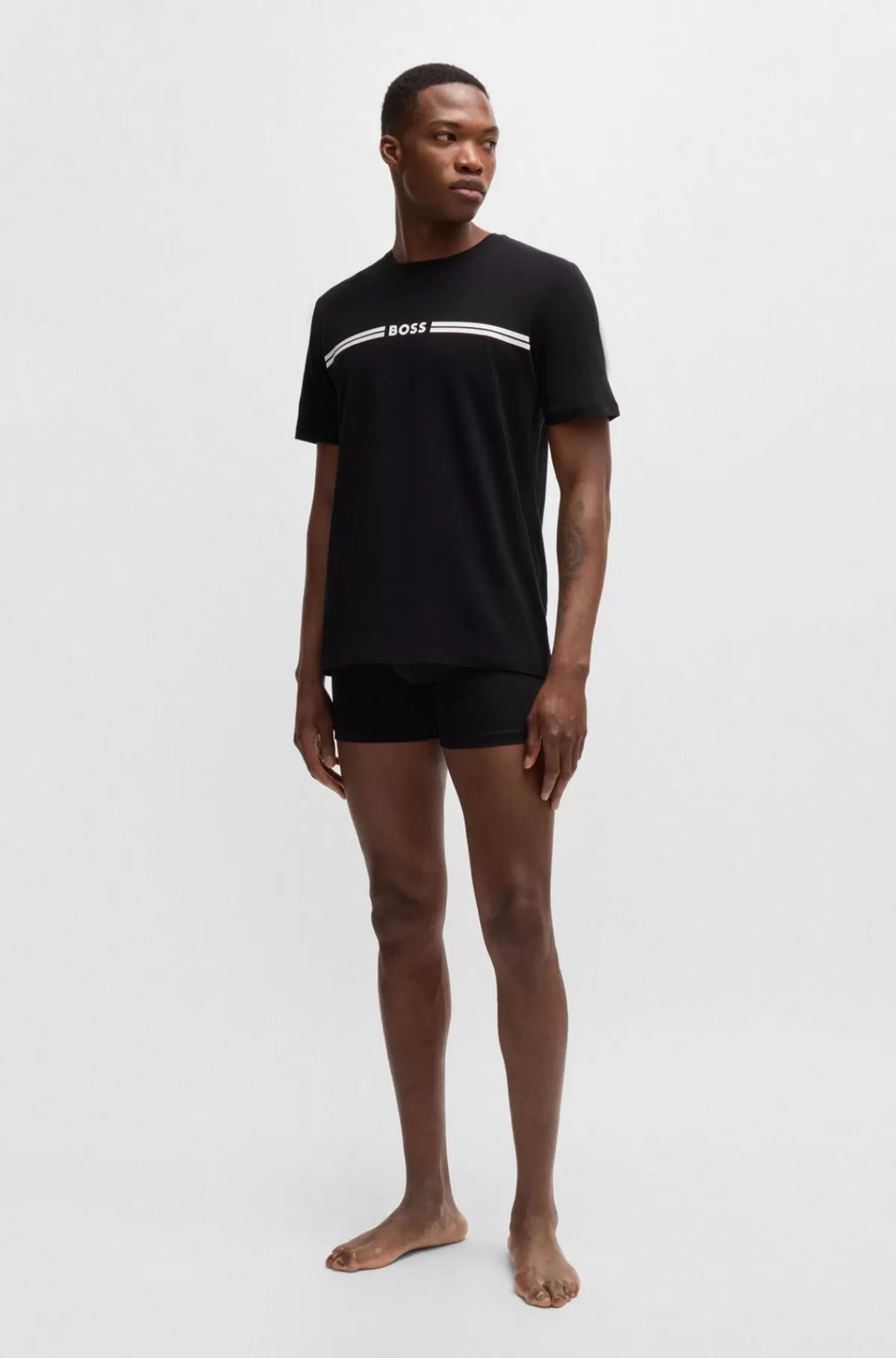 HUGO BOSS Pyjamas-T-shirt I Bomuld Med Stræk, Stribe Og Logo Sort Sale